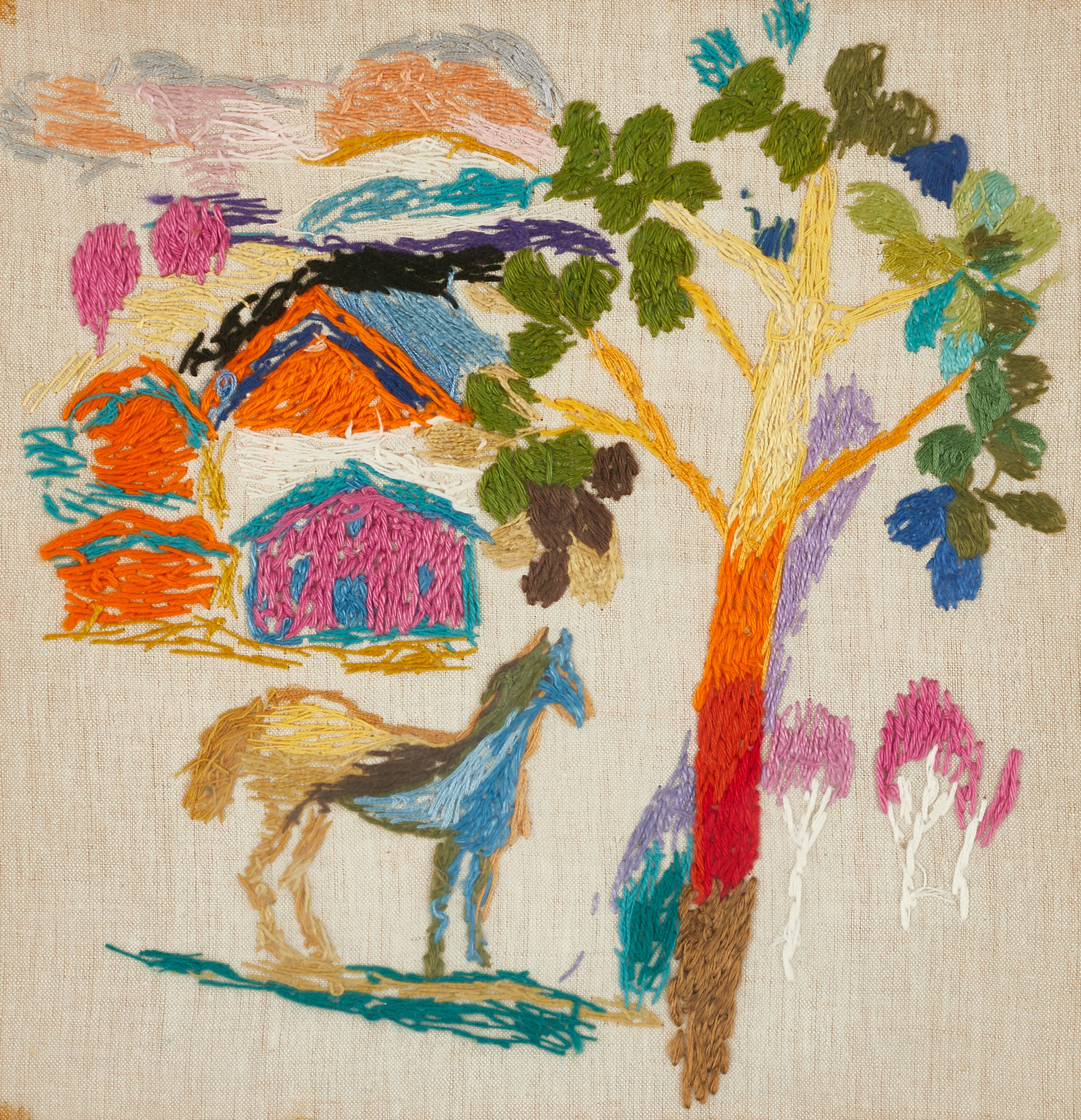 ESTER HENNING (Sverige, 1887-1985), Häst vid träd, 1960-tal, broderi.