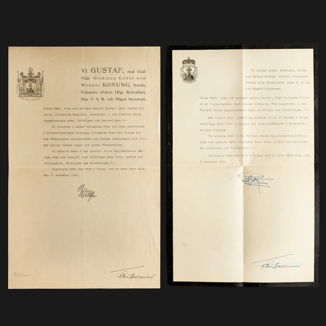 HANDSKRIFTER, GUSTAV V, GUSTAV VI ADOLF, SVENSKA FRIMURARE ORDEN, (2 st).