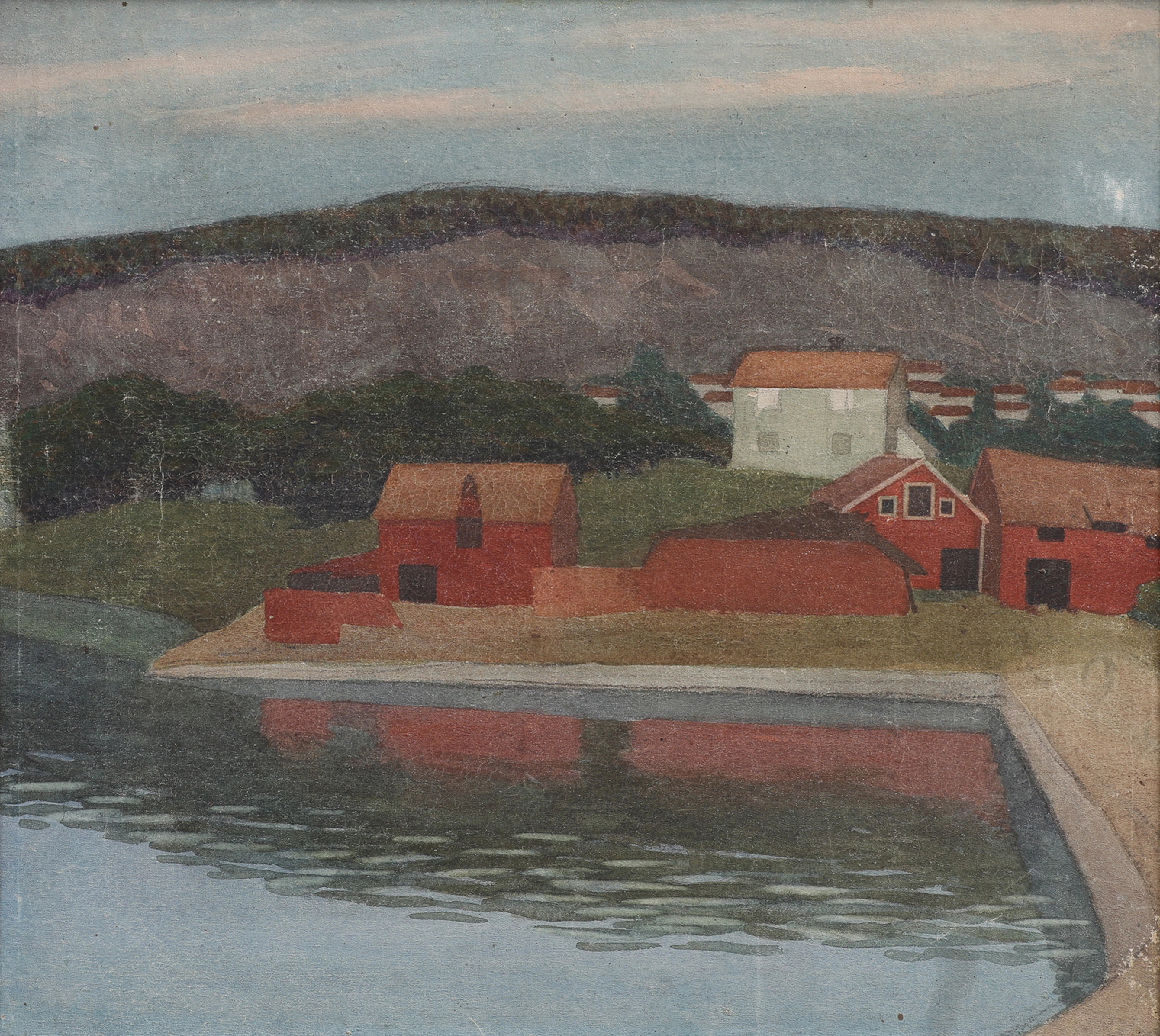ESTER ALMQVIST. OLJA PÅ DUK, BRUKSMILJÖ MED HAMNBASSÄNG, OSIGNERAD.