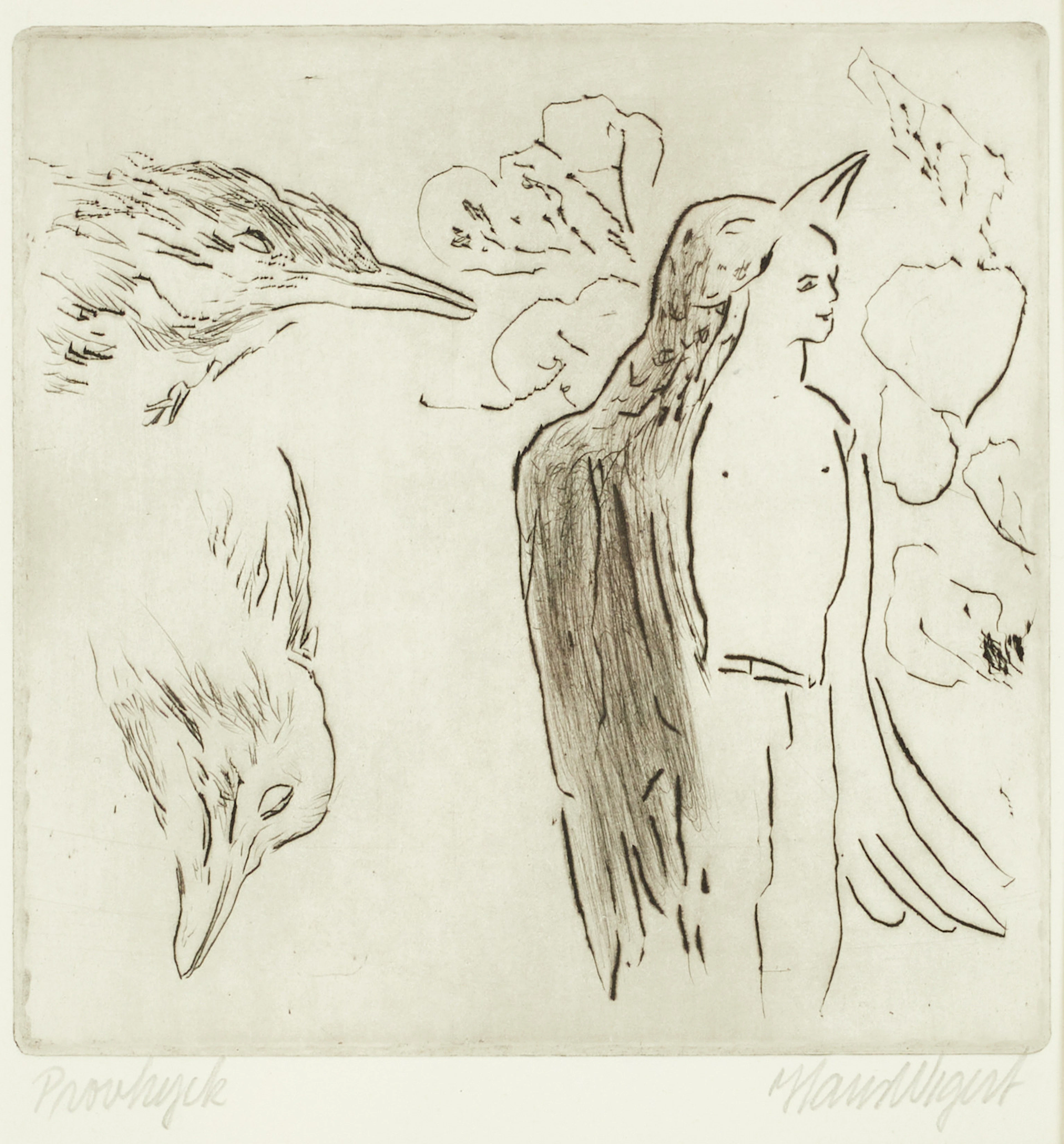HANS WIGERT (1932-2015). "Fågelman", 1990, signerad, provtryck, torrnålsgravyr.