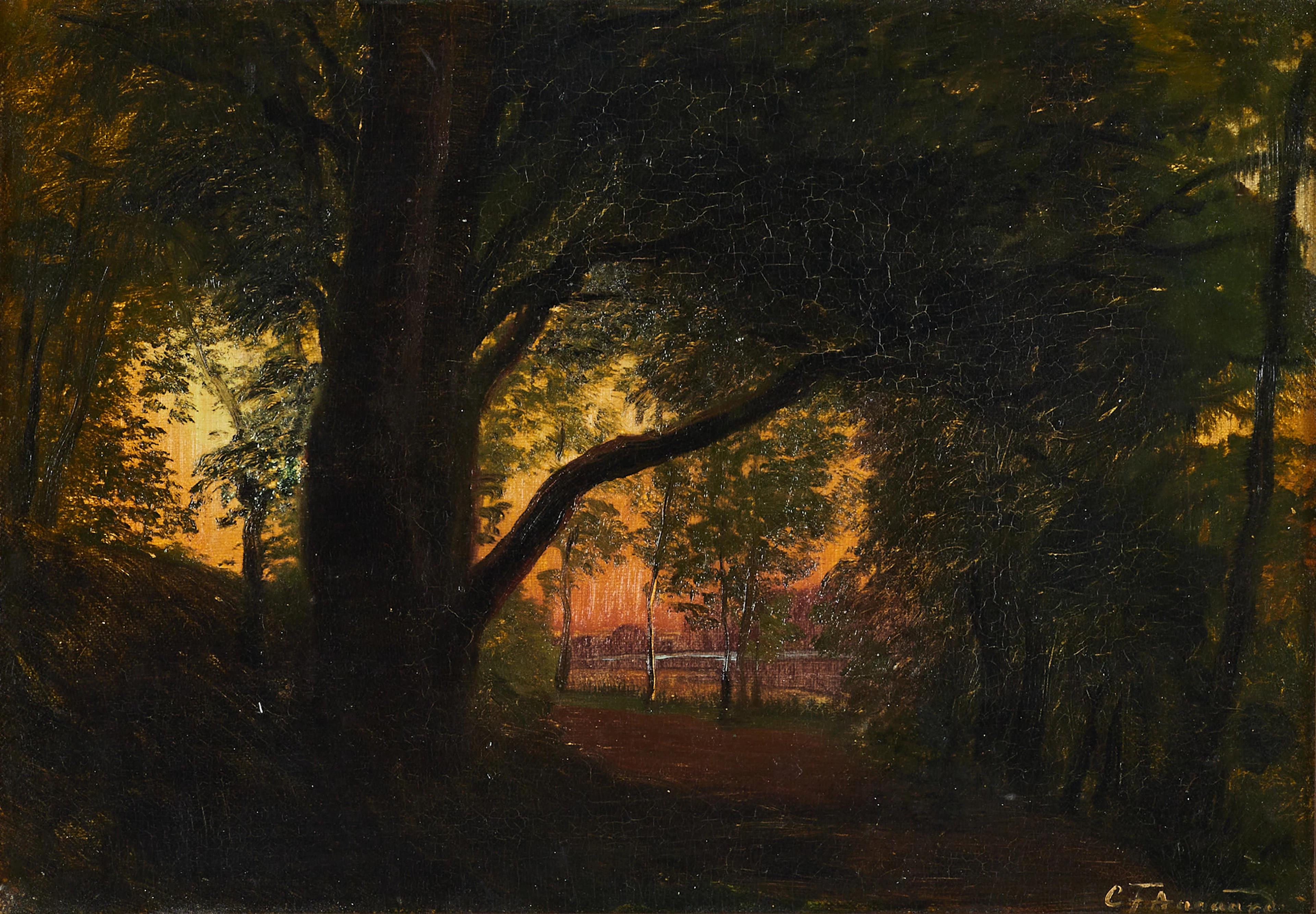 CARL FREDERIK AAGAARD (Danmark, 1833-1895). "Solnedgång över Dyrehaven"