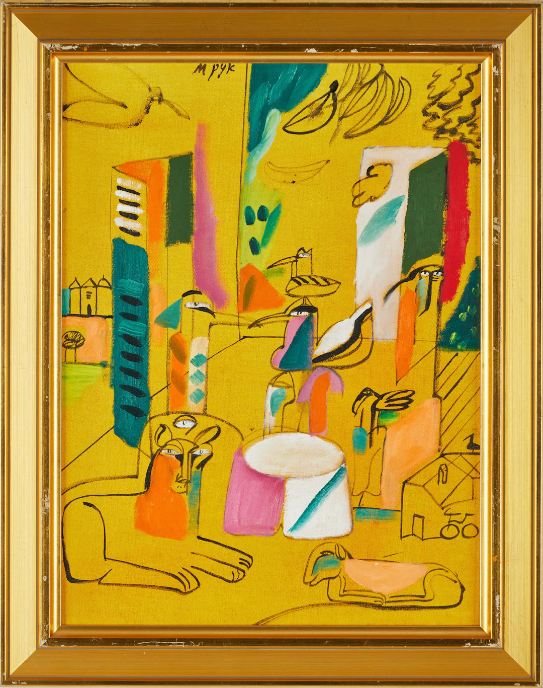 MADELEINE PYK (Sverige, född 1934), Gul interiör med figurer, signerad