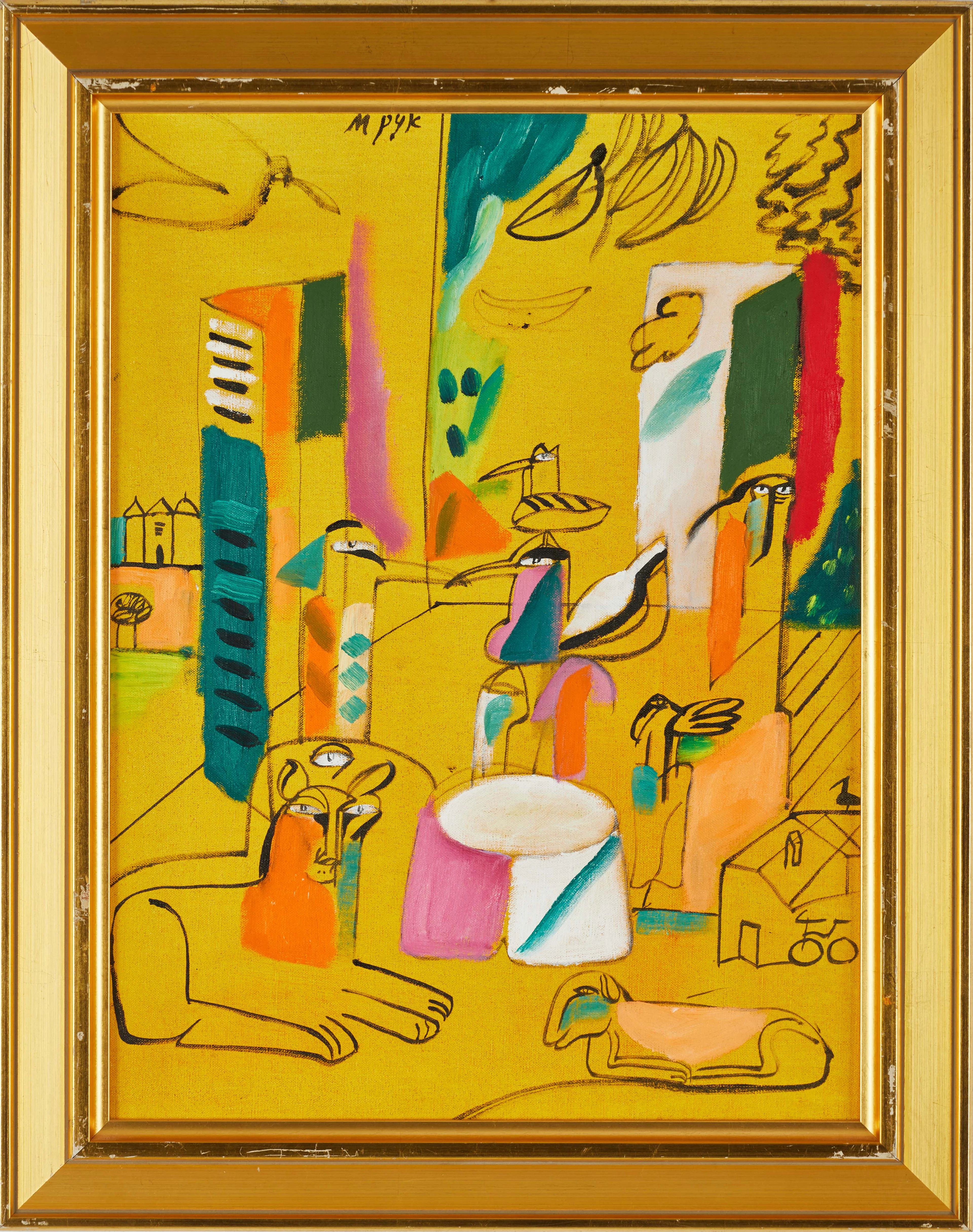 MADELEINE PYK (Sverige, född 1934), Gul interiör med figurer, signerad