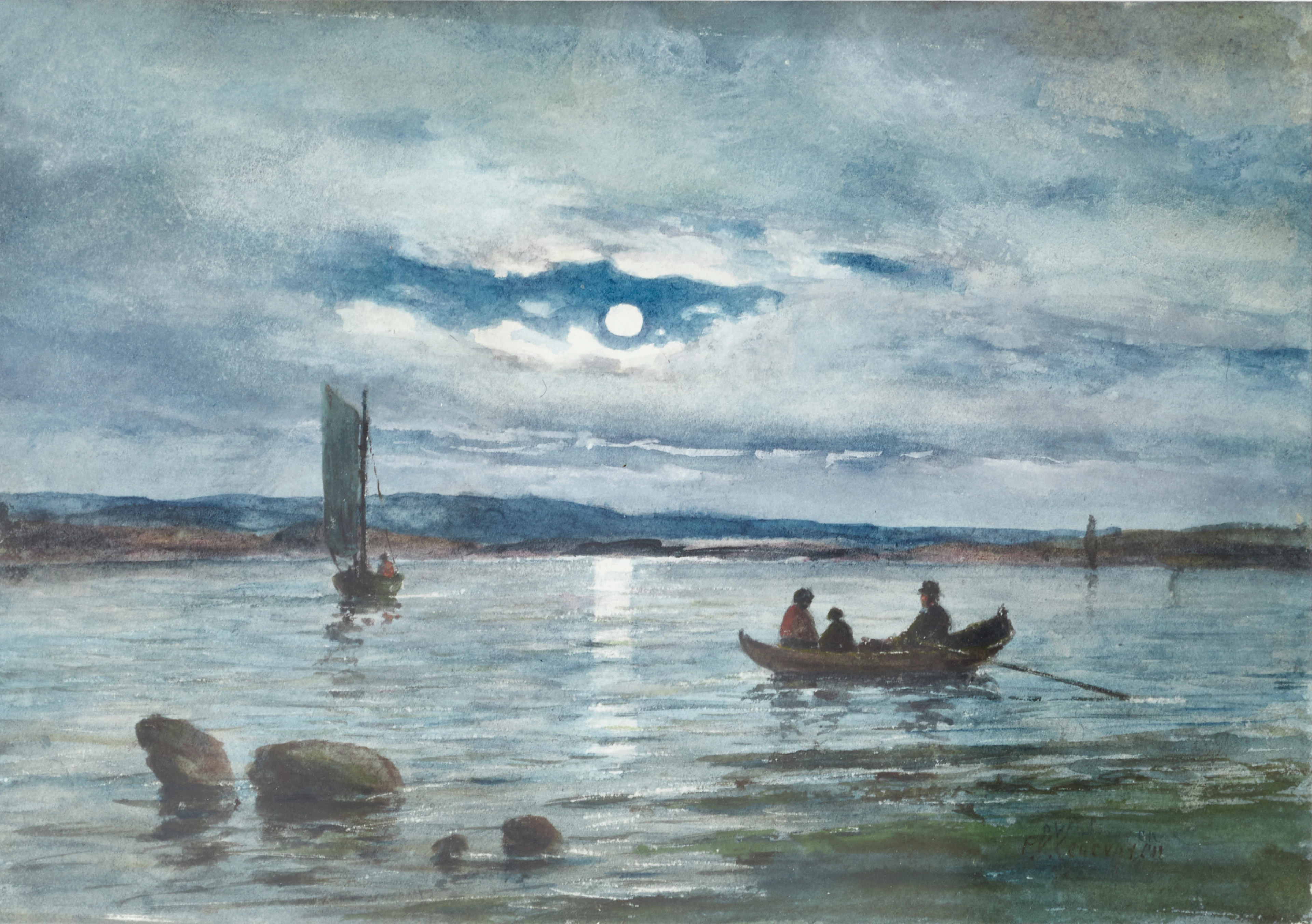 PER WILHELM CEDERGREN (Sverige, 1820-1896): Månbelyst skärgård med