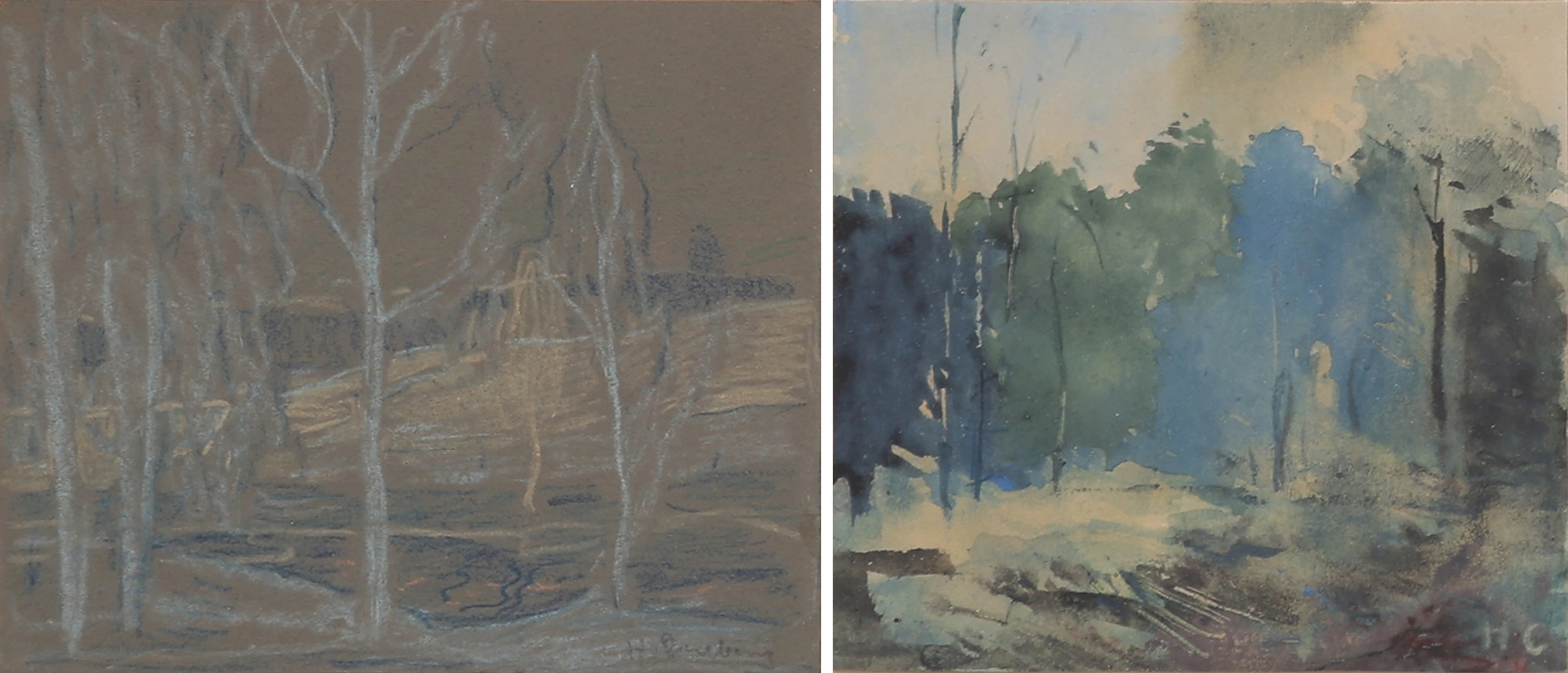 HUGO CARLBERG. EN AKVARELL OCH EN PASTELL PÅ PAPPER, SKOGSMOTIV, SIGNERADE.