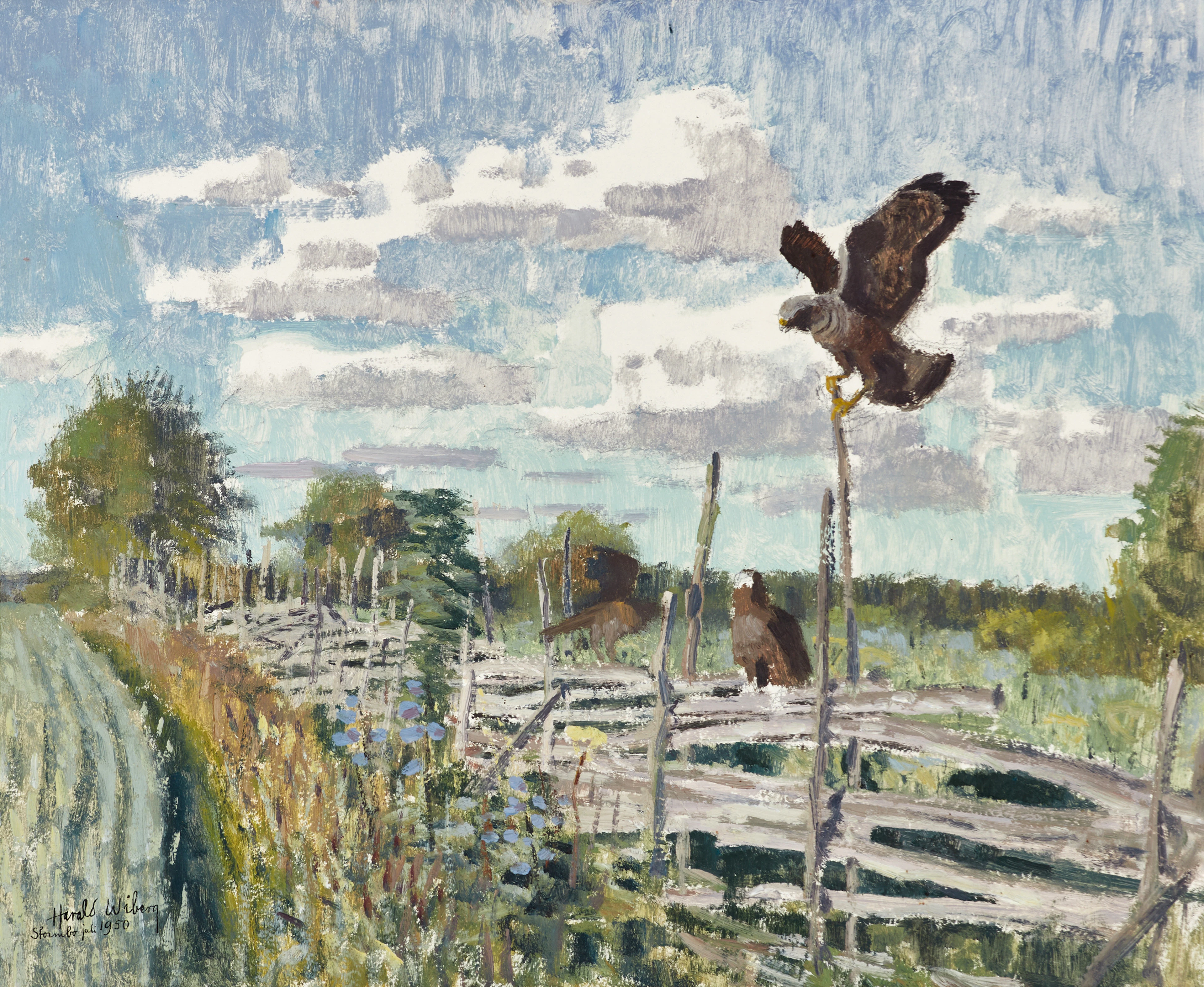 HARALD WIBERG (1908-1986). Ormvråk på gärdsgård, signerad, olja på pannå.