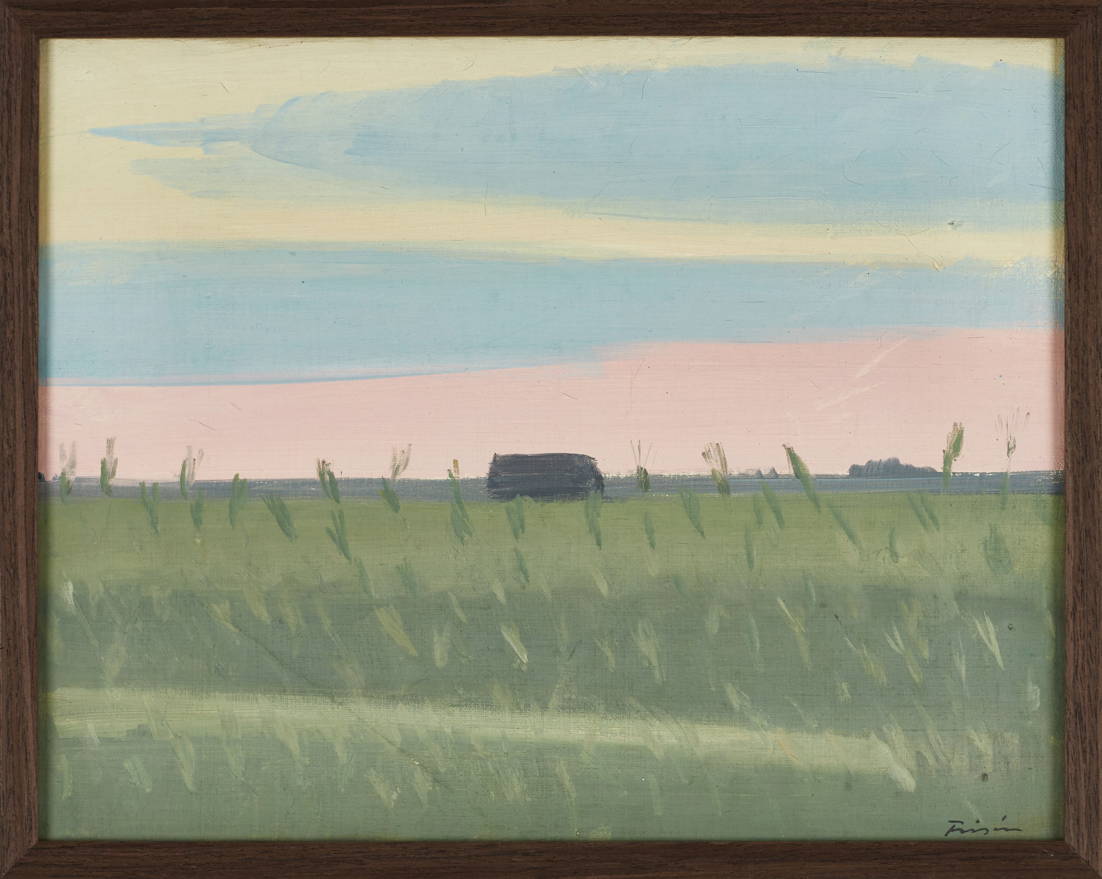 VERA FRISÉN (Sverige, 1910-1990), Landskap med hus i aftonrodnad
