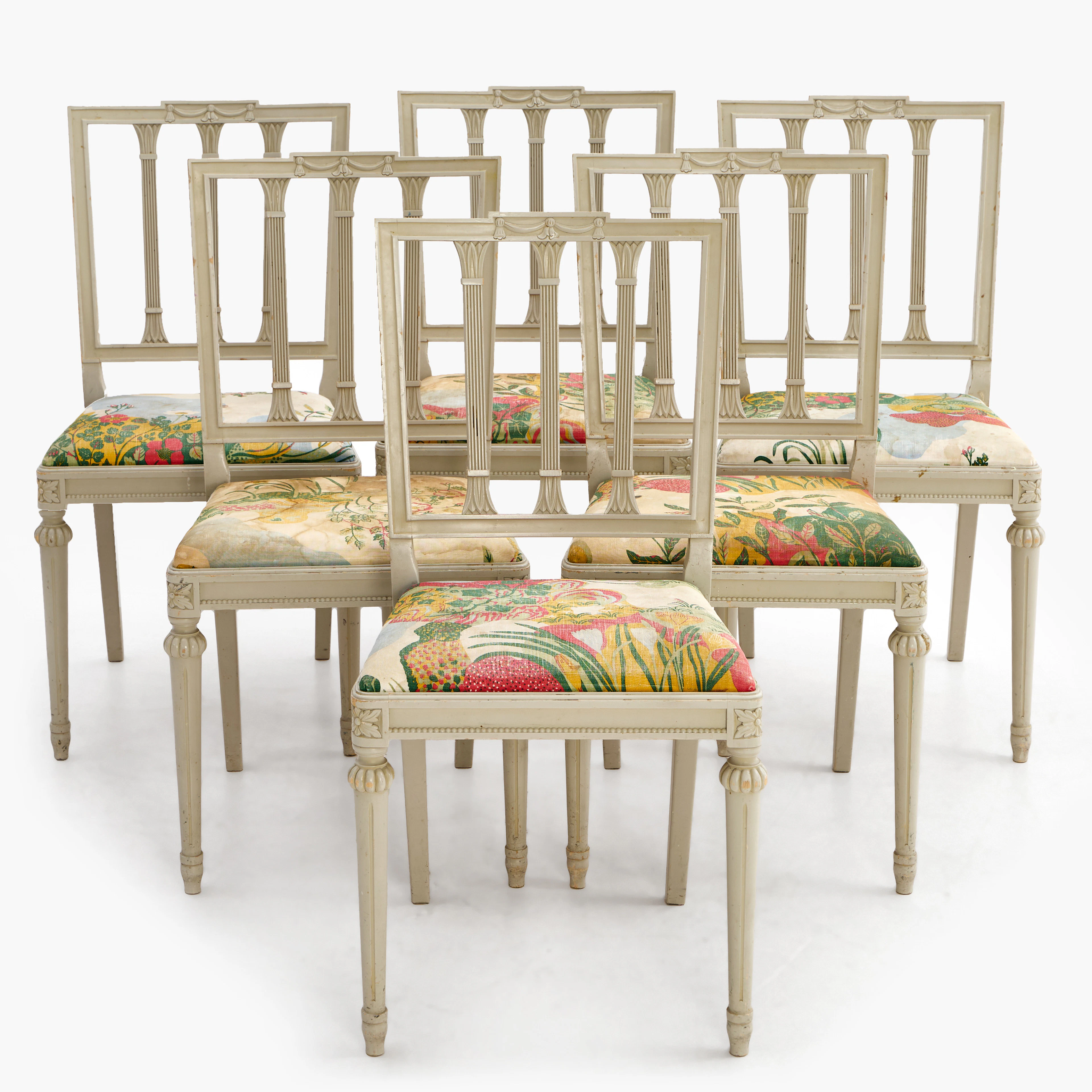 STOLAR 6 st, gustaviansk stil, klädda med Josef Frank tyg.
