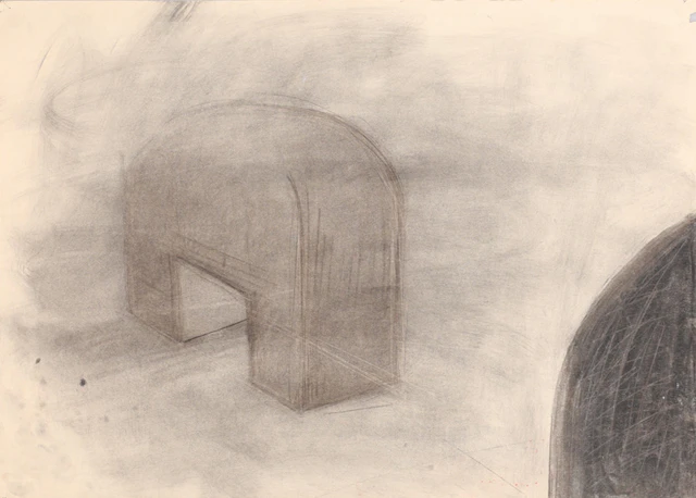 STINA EBERS 1962-2025. KOL OCH GRAFIT PÅ PAPPER, PORTAL, OSIGNERAD 1980-TAL.