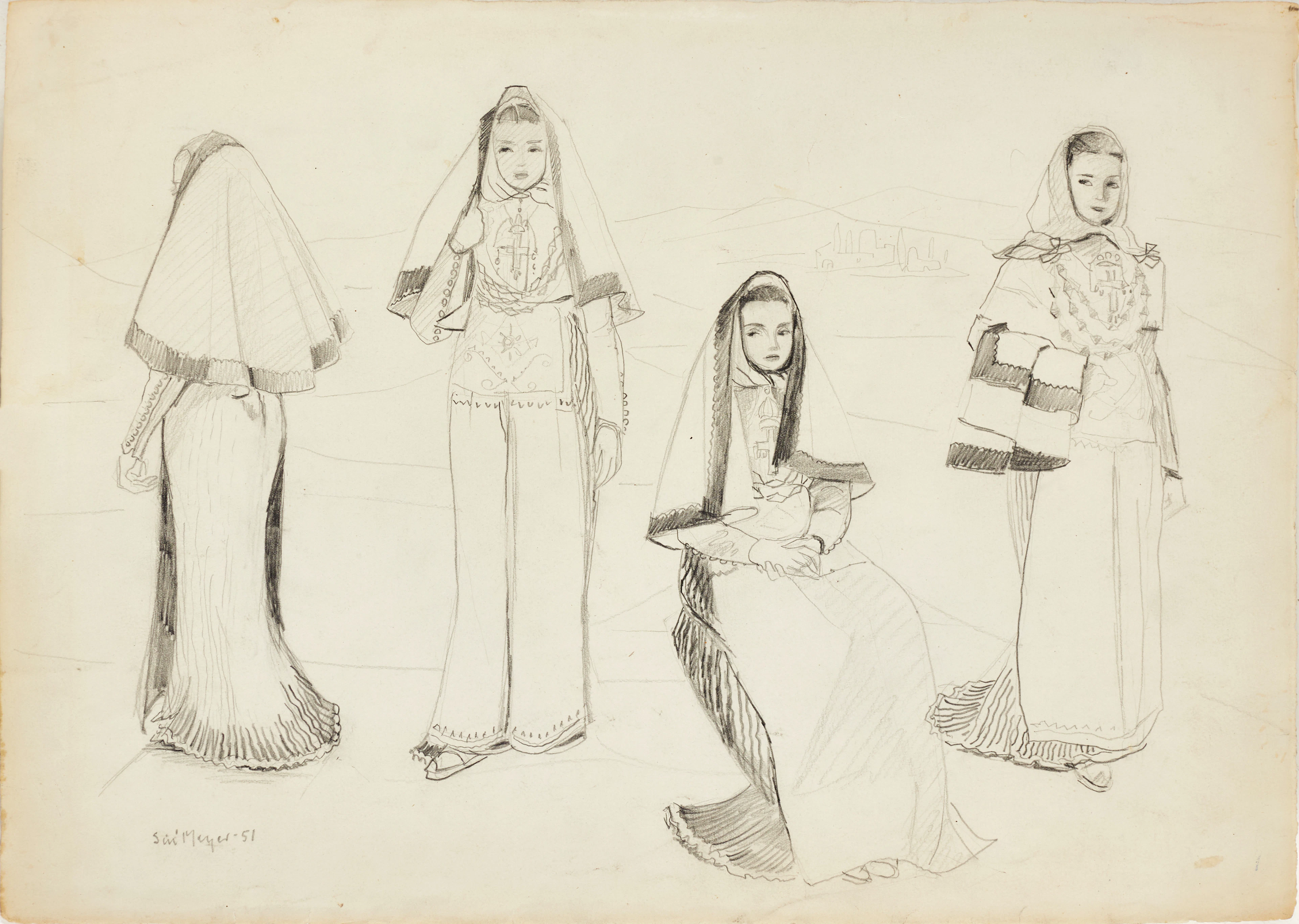 SIRI MEYER (1898–1985), "Ibiza, Fiesta", signerad och daterad 51, blyerts.