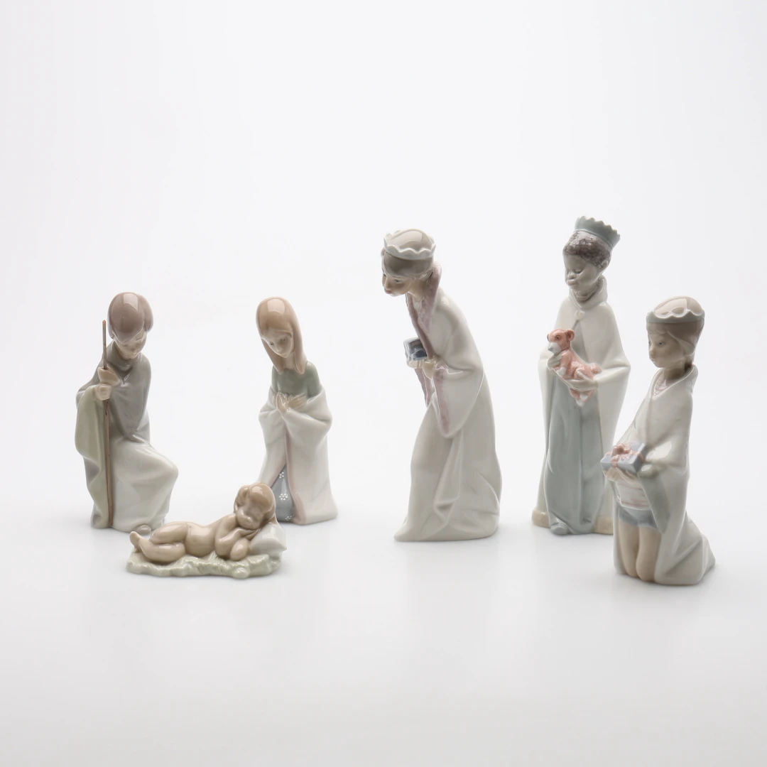 FIGURINER, 6 ST, PORSLIN, TILL JULKRUBBA, LLADRO, SPANIEN.