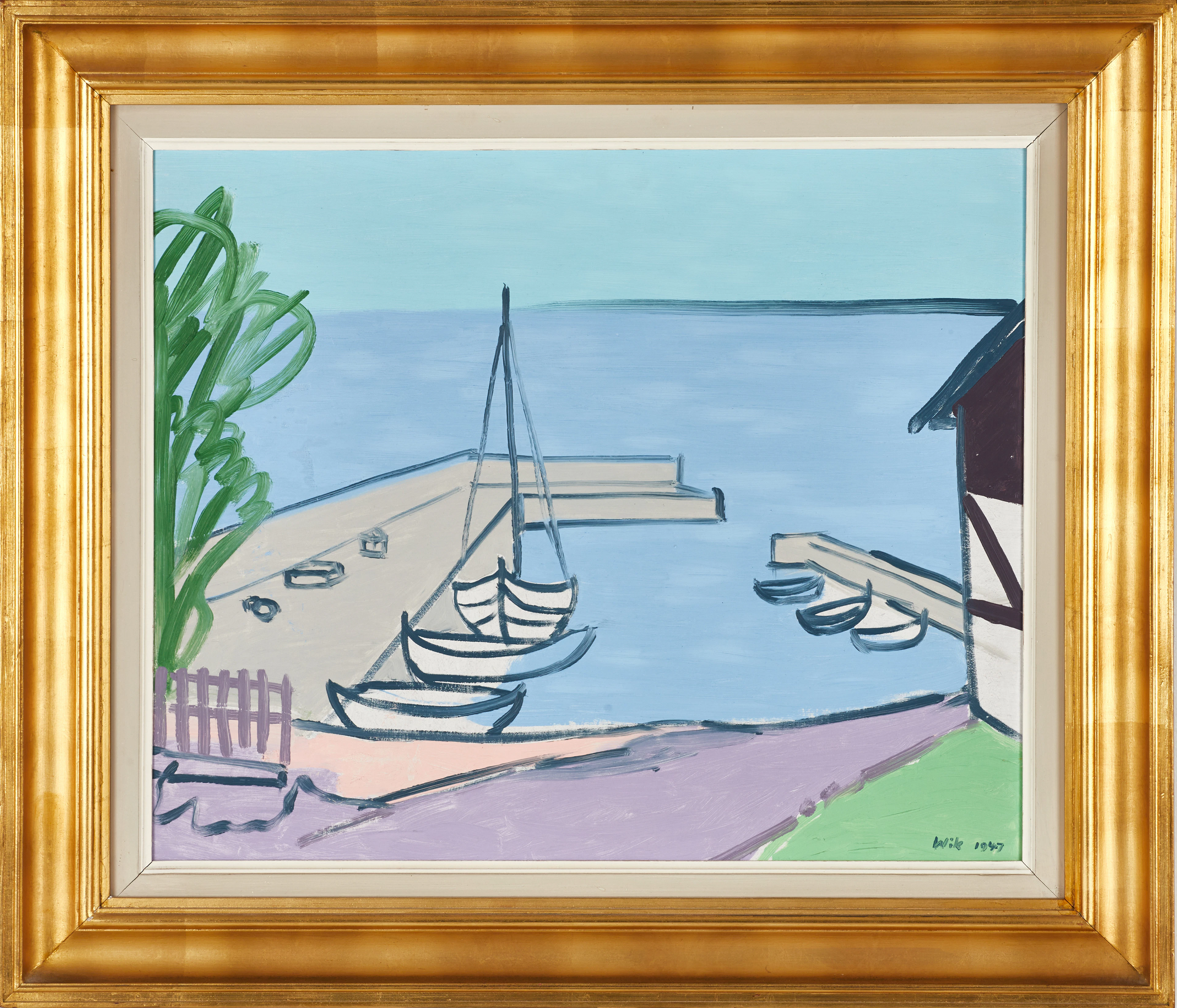 WILHELM WIK (1897-1987). Hamn, signerad, daterad 1947, olja på pannå.