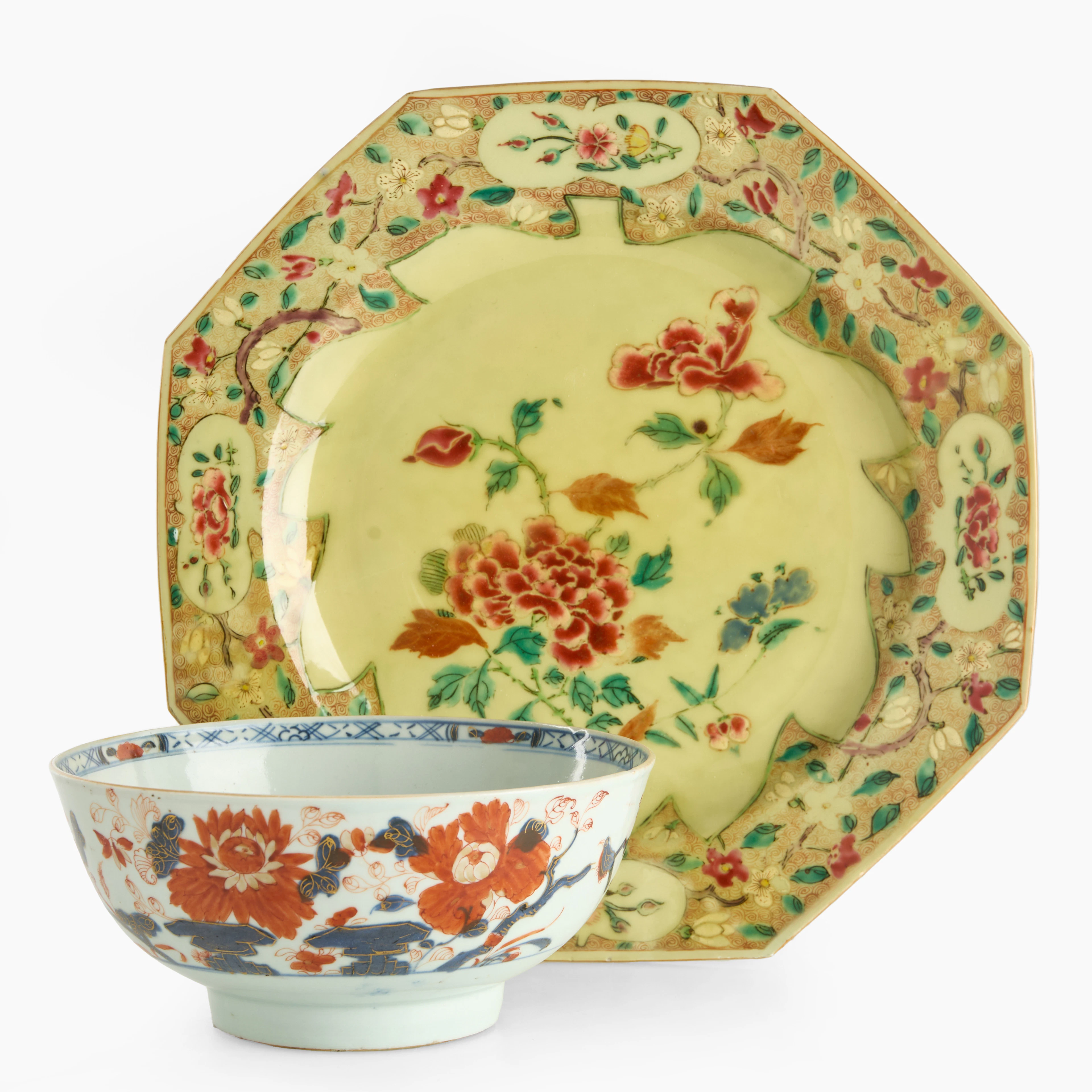 FAT och SKÅL, kompaniporslin, Kina, dekor i Imari samt famille rose, 1700-tal.