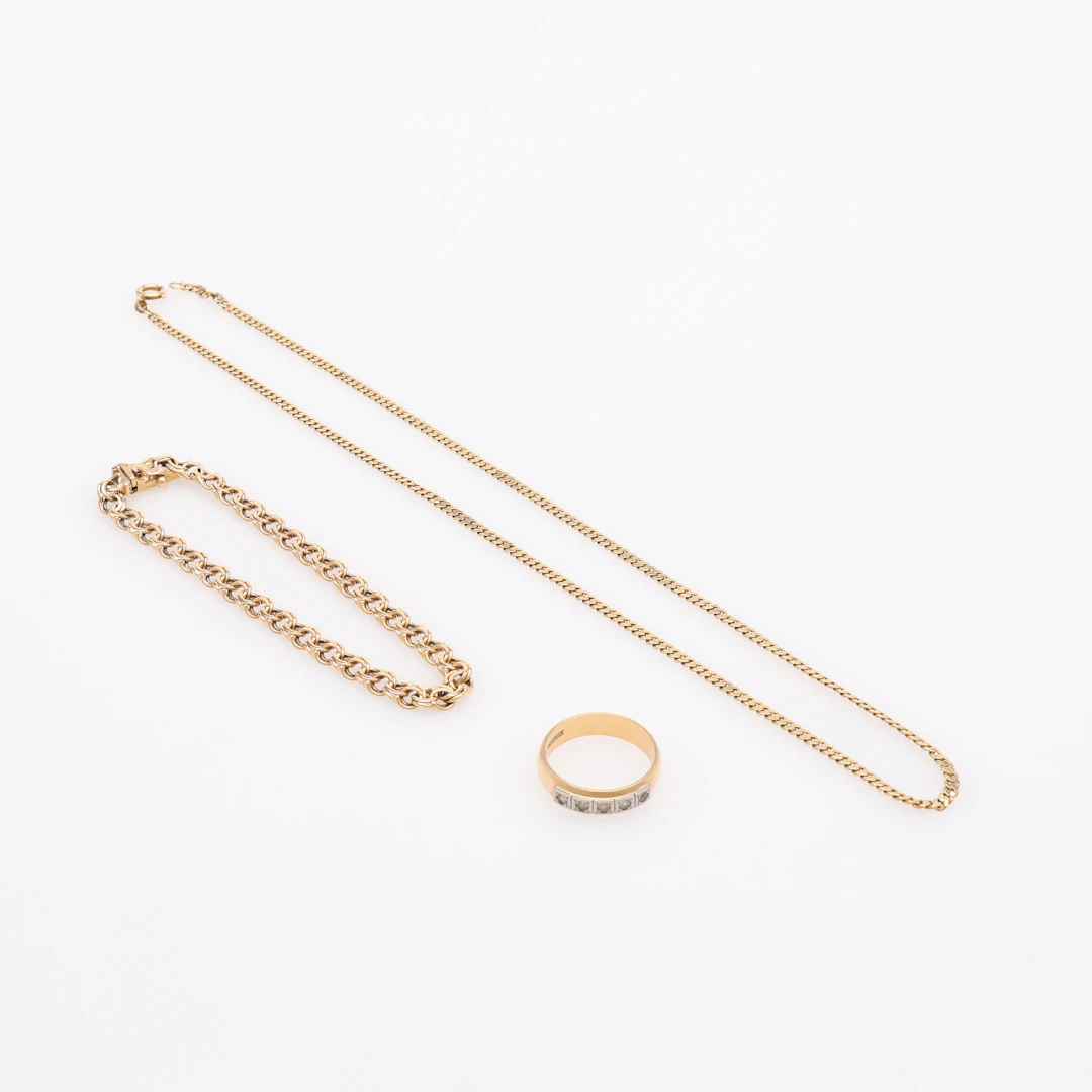 COLLIER, ARMBAND SAMT RING, 18K GULD, TOTAL VIKT 21,7 GRAM.