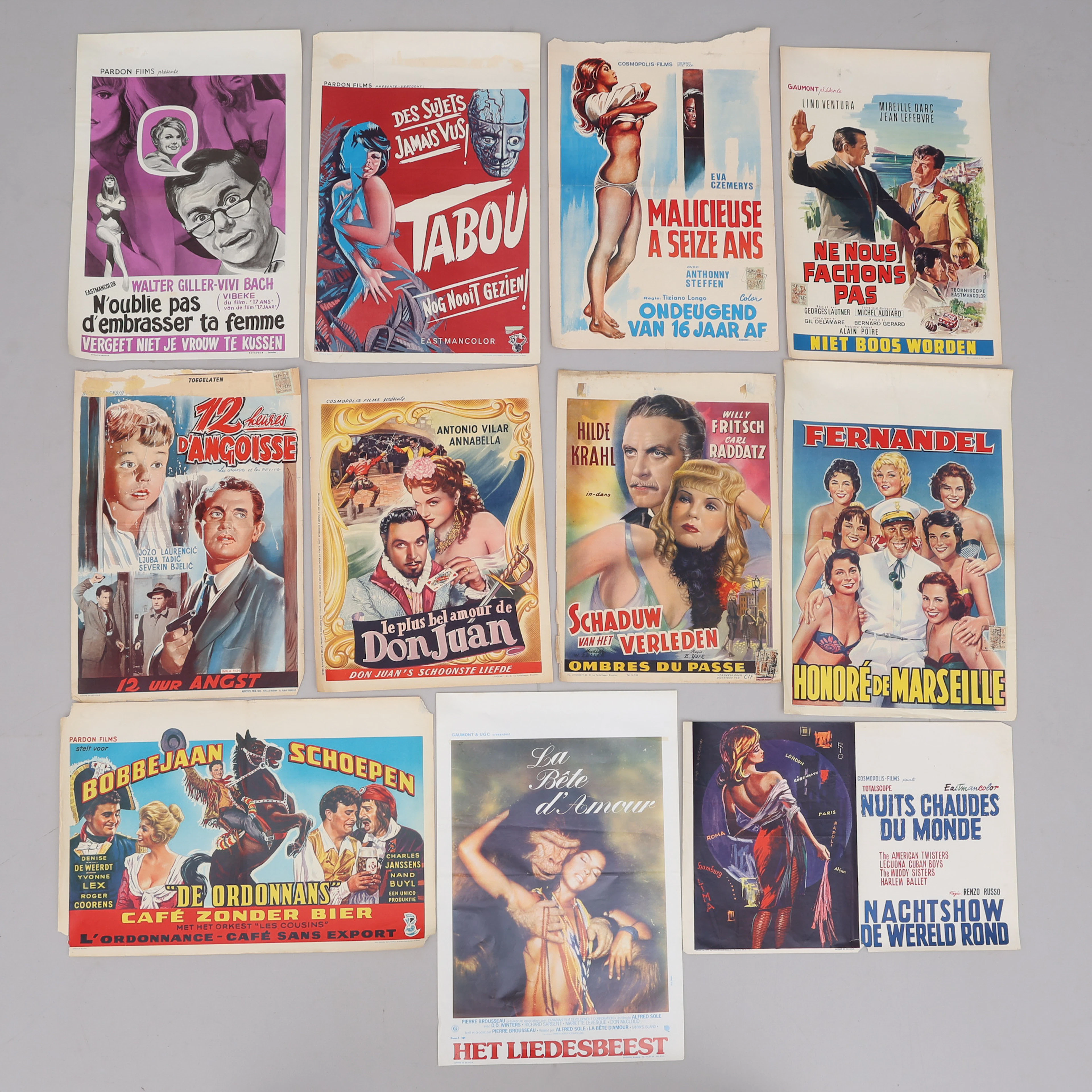 BELGISKA FILMAFFISCHER, 11 ST, 1950/60/70 & 80-TALSTITLAR.