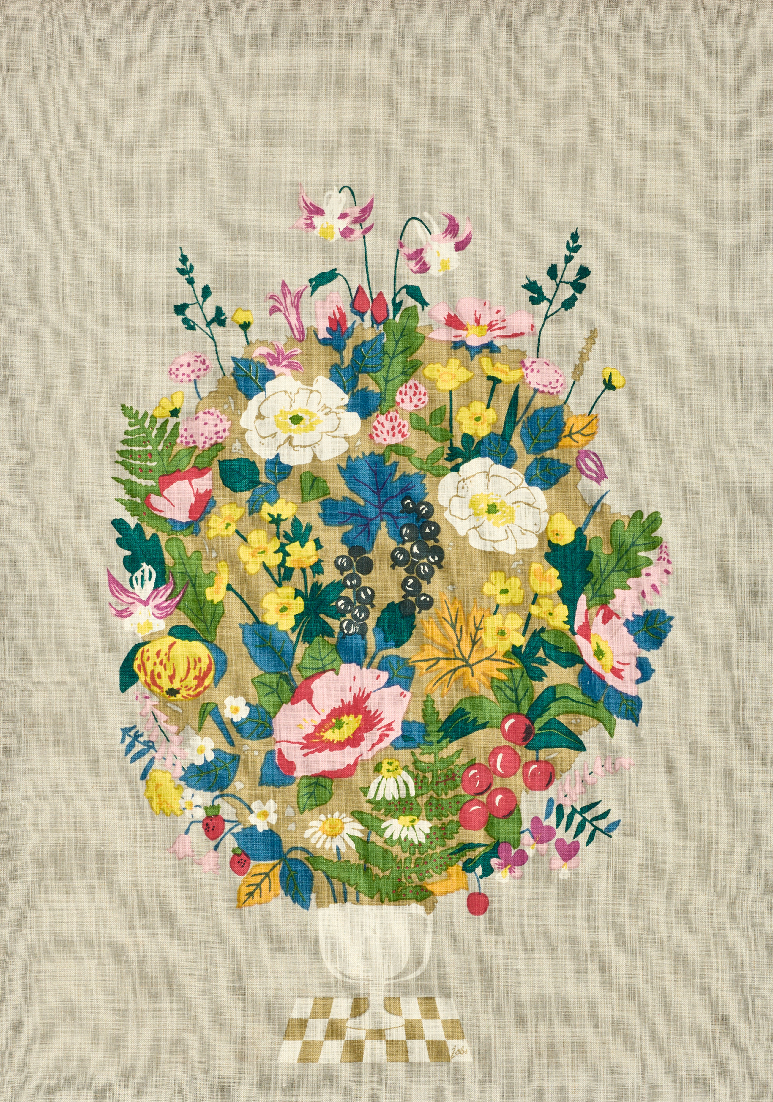 LISBET JOBS. Textil, "Rosor och akvileja", Jobs handtryck Leksand