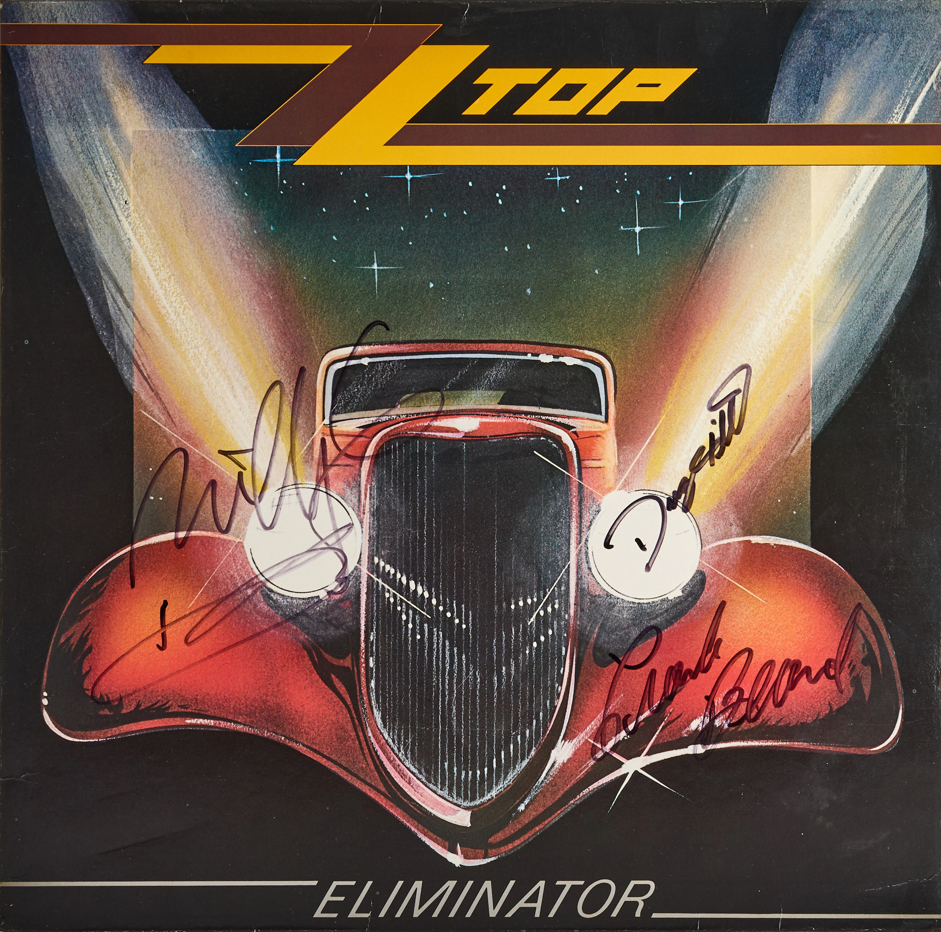 ZZ TOP AUTOGRAFER. Vinyl "Eliminator" med signerat omslag. Proveniens: