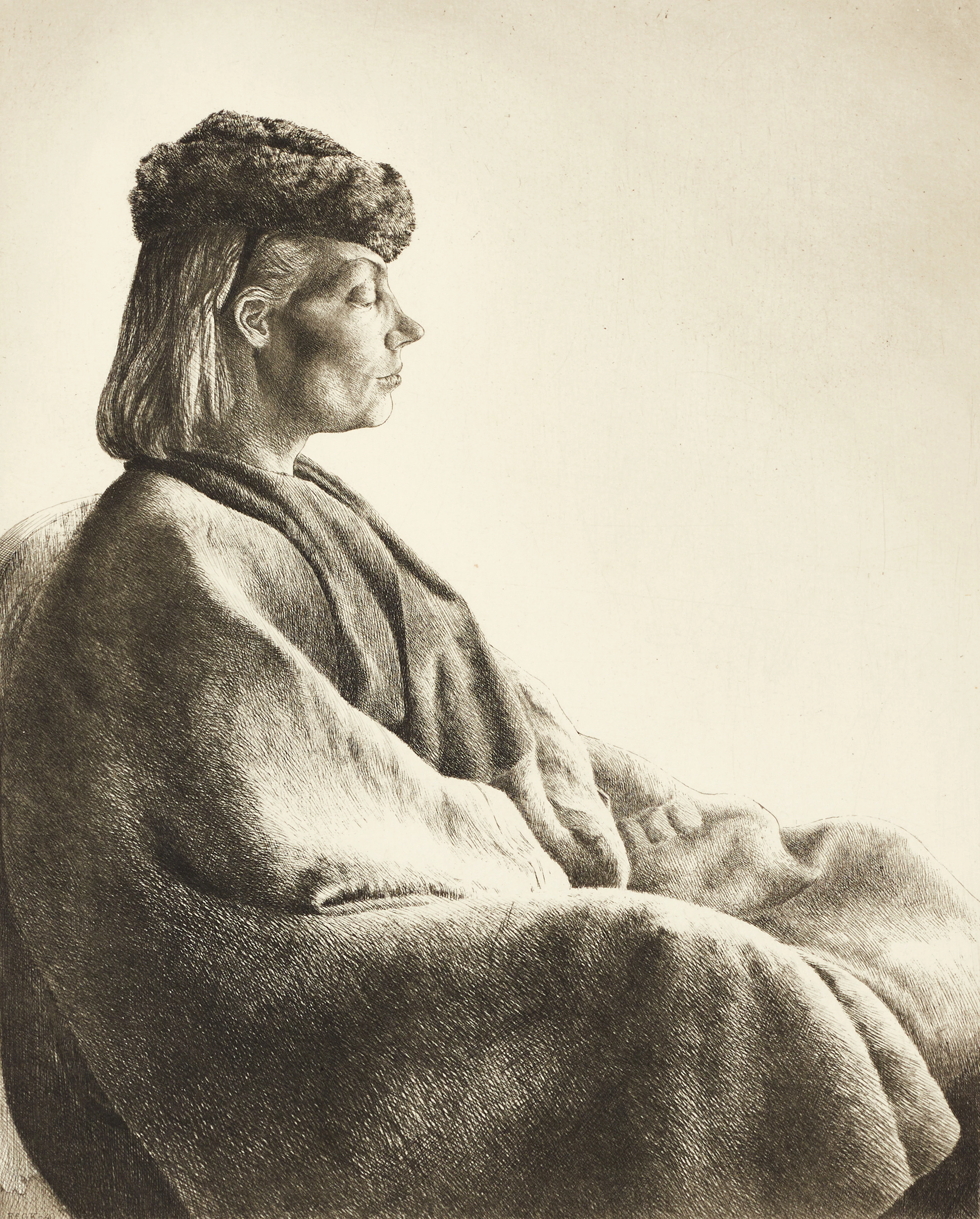 STIG ÅSBERG (1909-1968). Dam i pälsmössa, etsning.