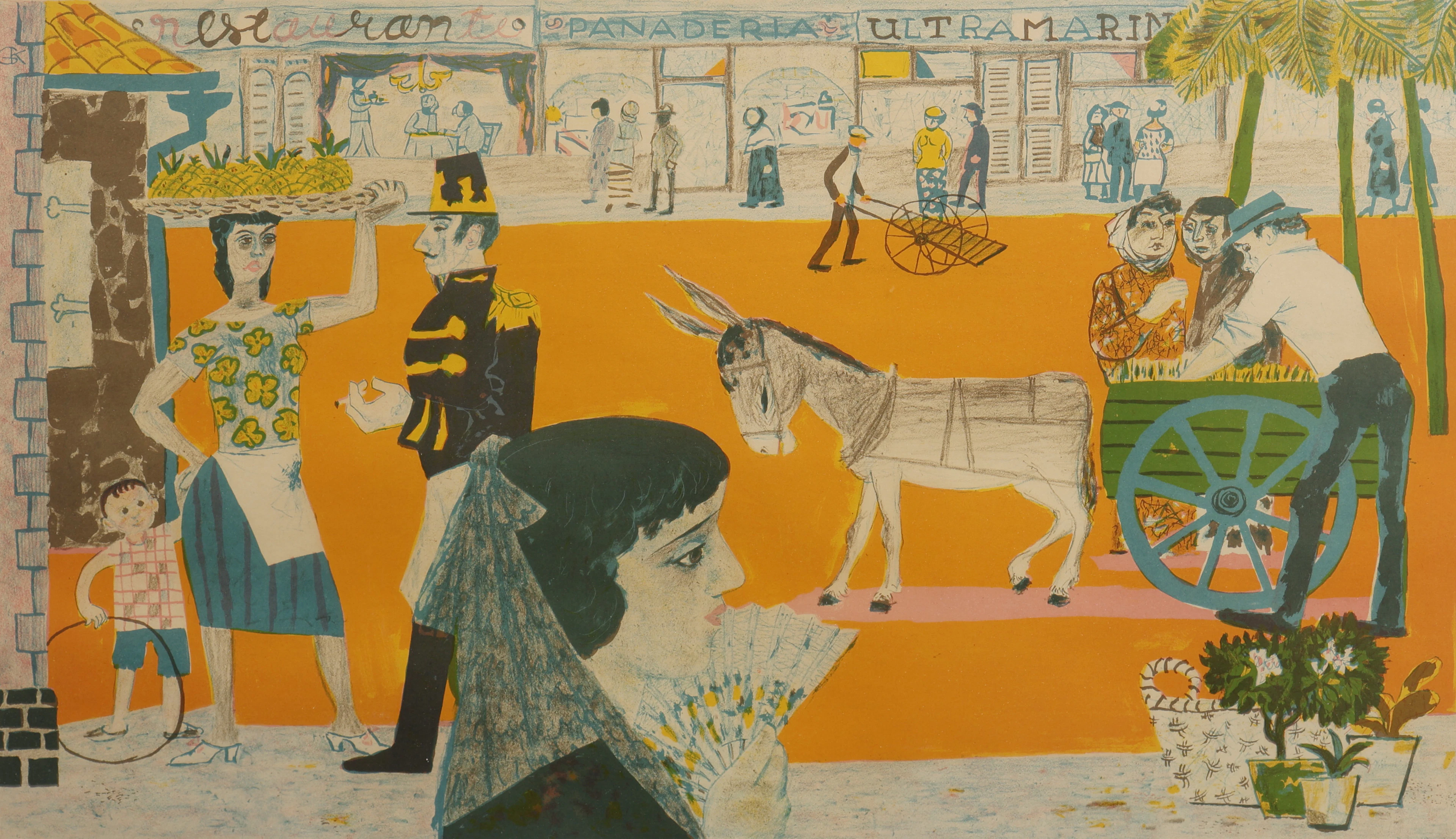 GERHARD KARLMARK. LITOGRAFI, "GATUBILD. BARCELONA", SIGNERAD OCH DATERAD 1958.