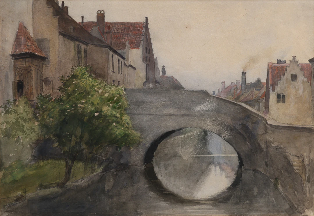CARL GUSTAF HELLQVIST 1851-1890. "BRÜCKE IN BRÜGGE", AKVARELL.