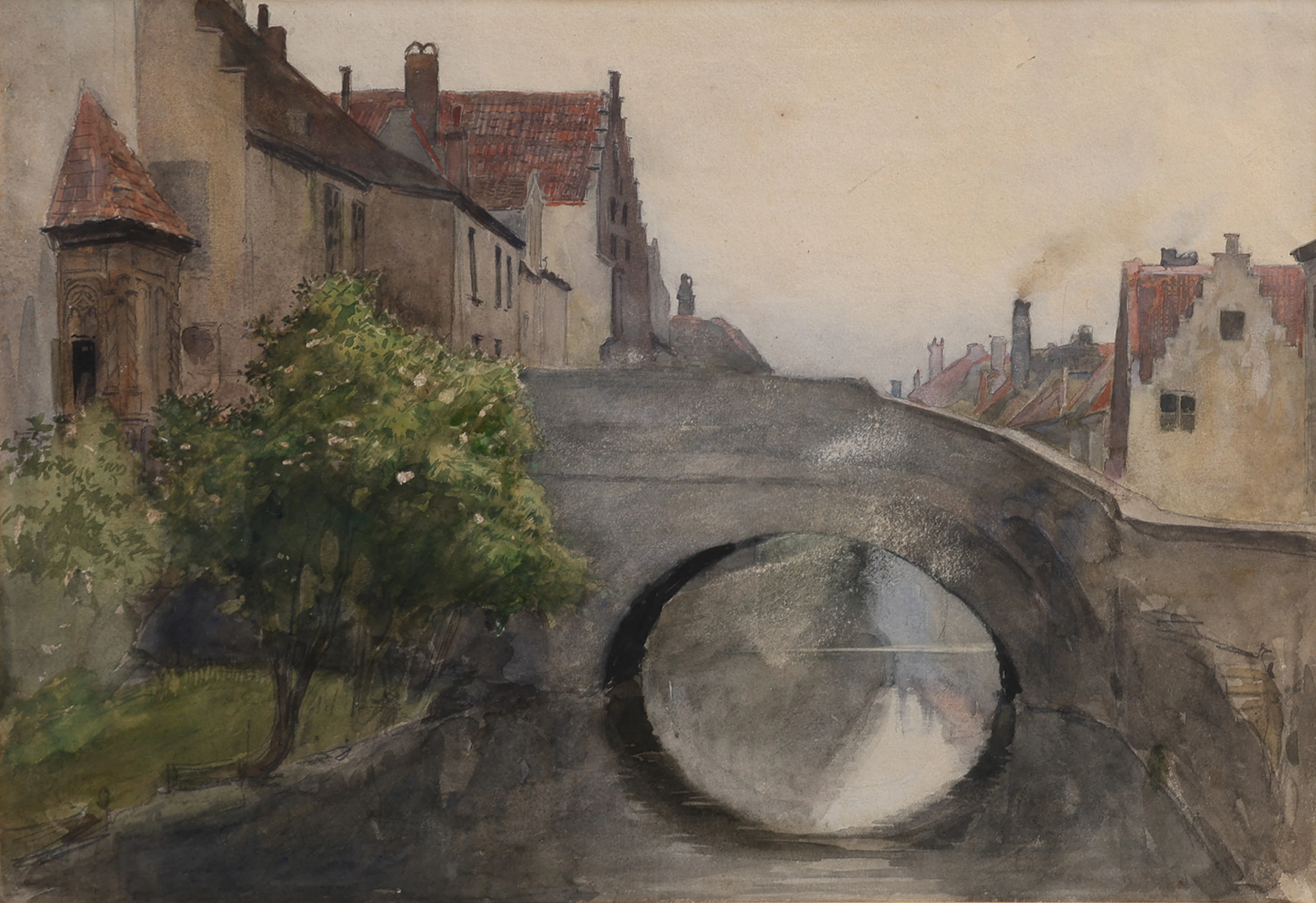 CARL GUSTAF HELLQVIST 1851-1890. "BRÜCKE IN BRÜGGE", AKVARELL.