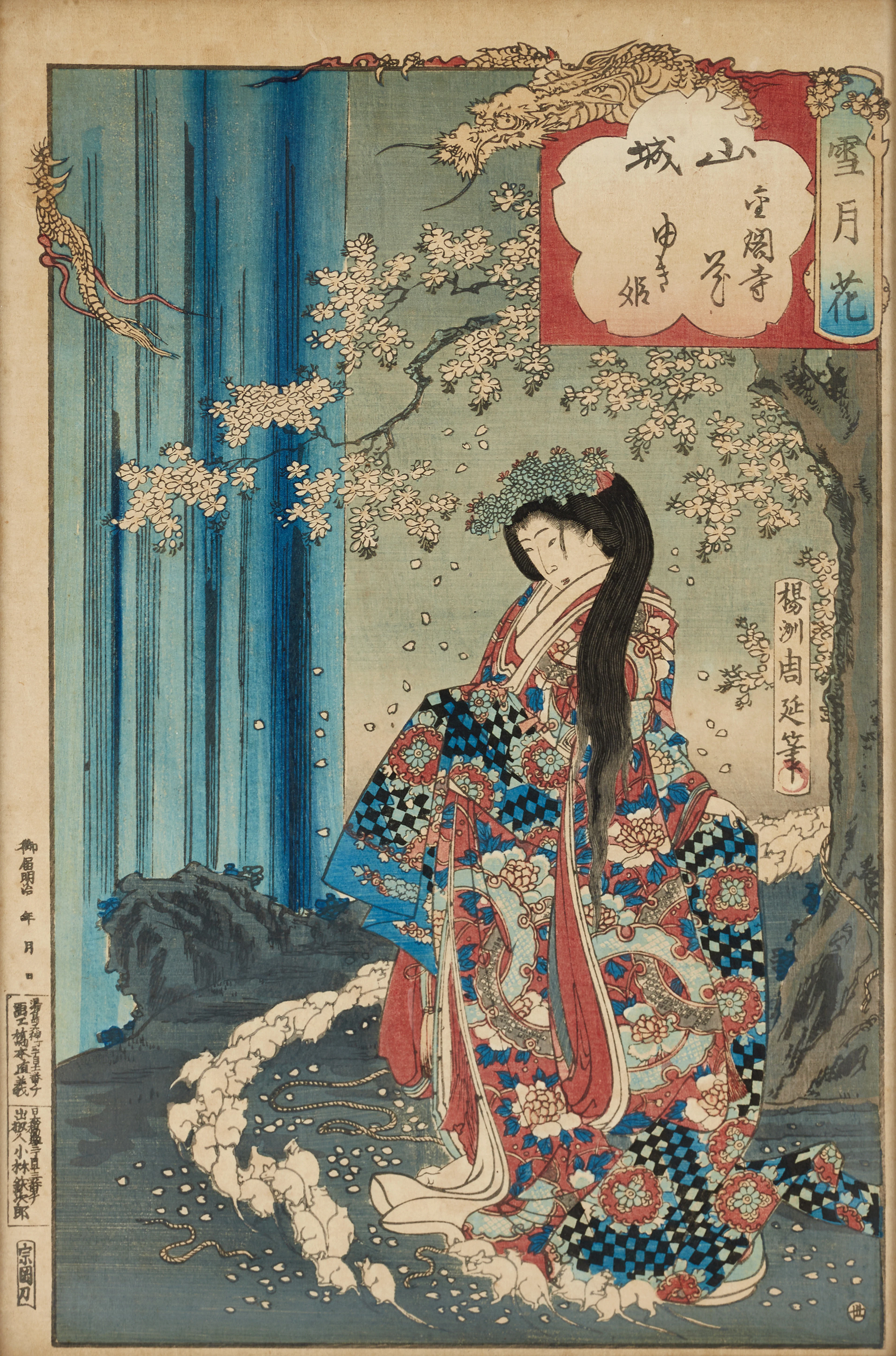 CHIKANOBU (1838-1912), Prinsessan Yuki ritar en mus med sin fot som