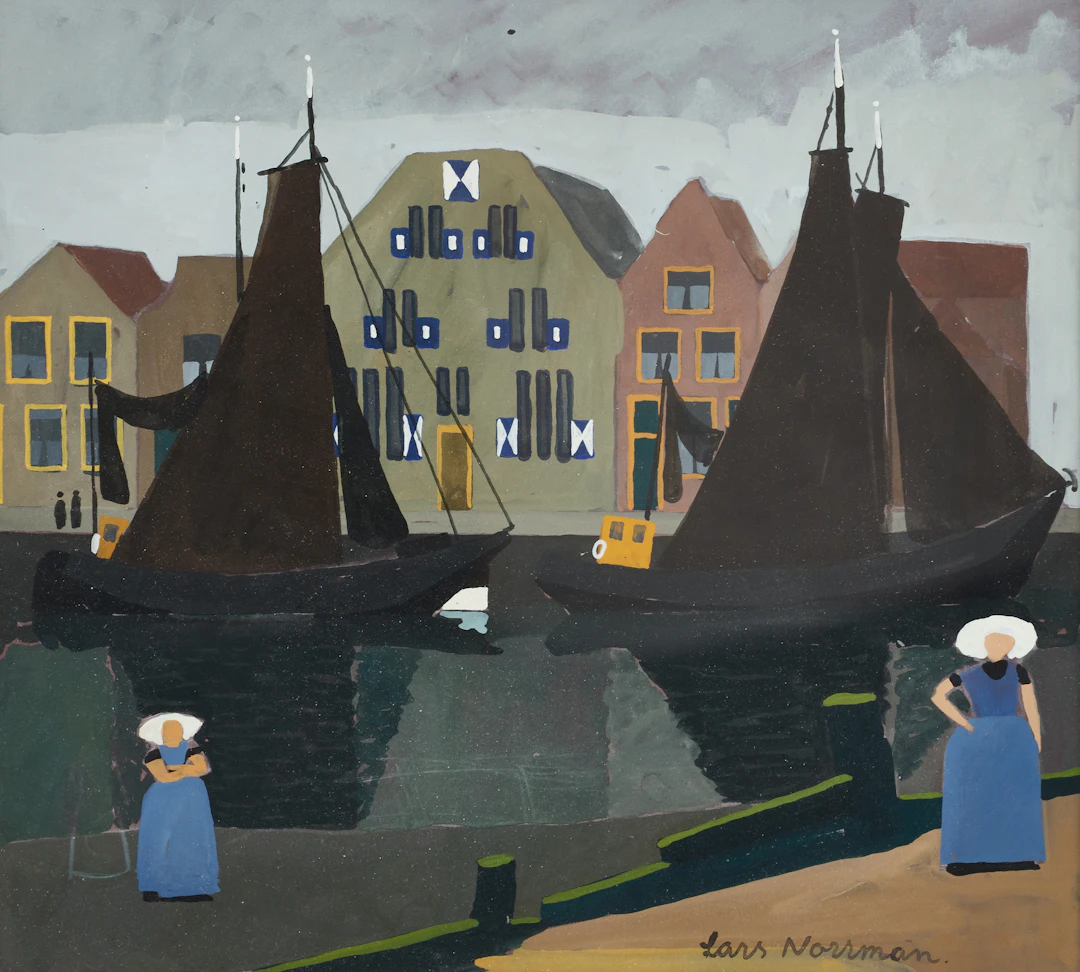 LARS NORRMAN (1915–1979). Kvinnor i hamn, signerad, gouache.
