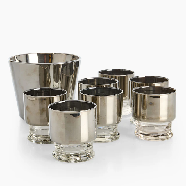 WHISKYGLAS & ISHINK, 8 delar, försilvrat glas, 1970-tal.