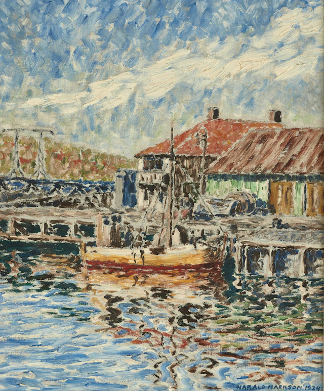 HARALD MARKSON (1909-1985). Båt vid brygga, Narvik, signerad, daterad