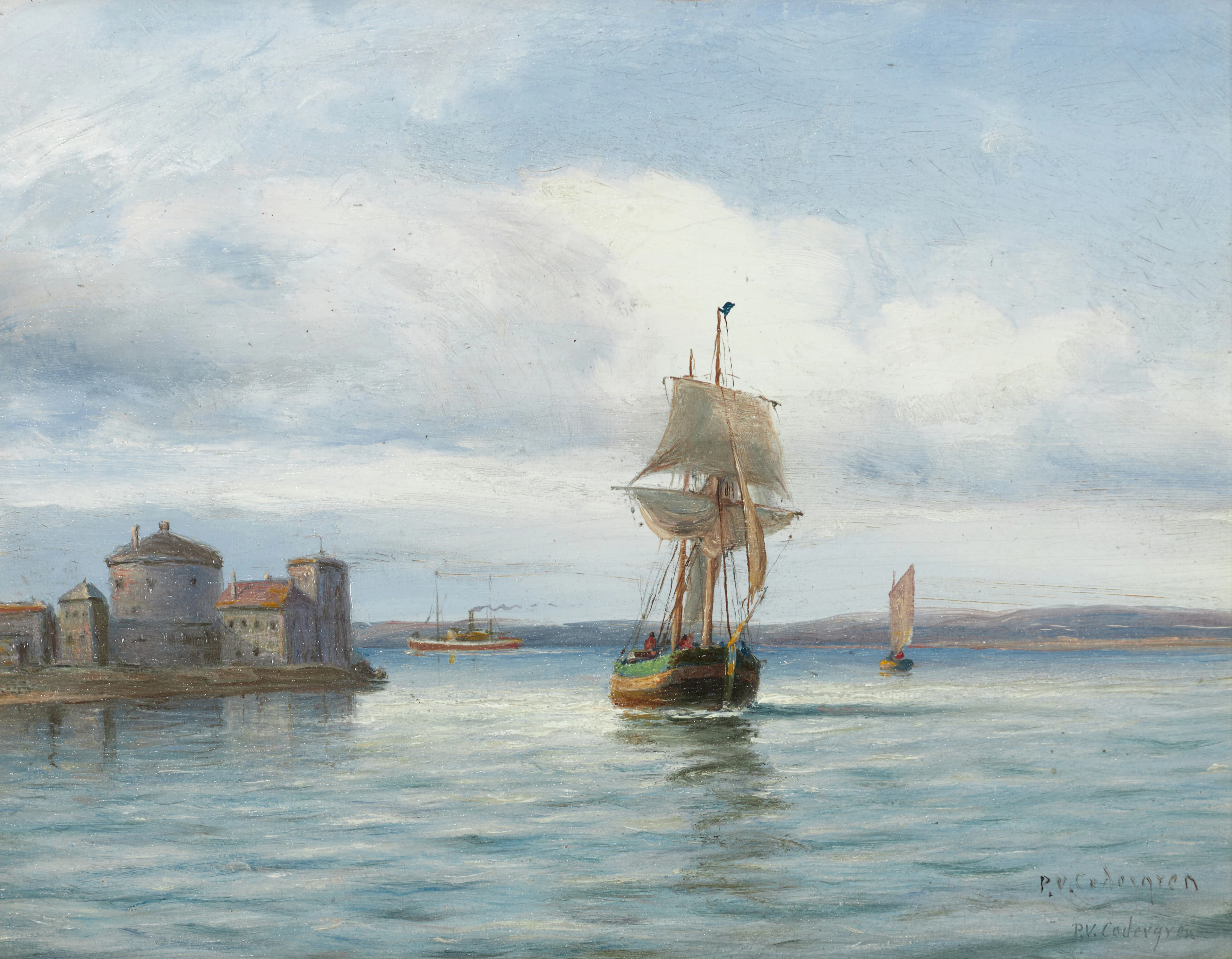 PER WILHELM CEDERGREN (Sverige, 1820-1896): Stockholmsinlopp med segel-