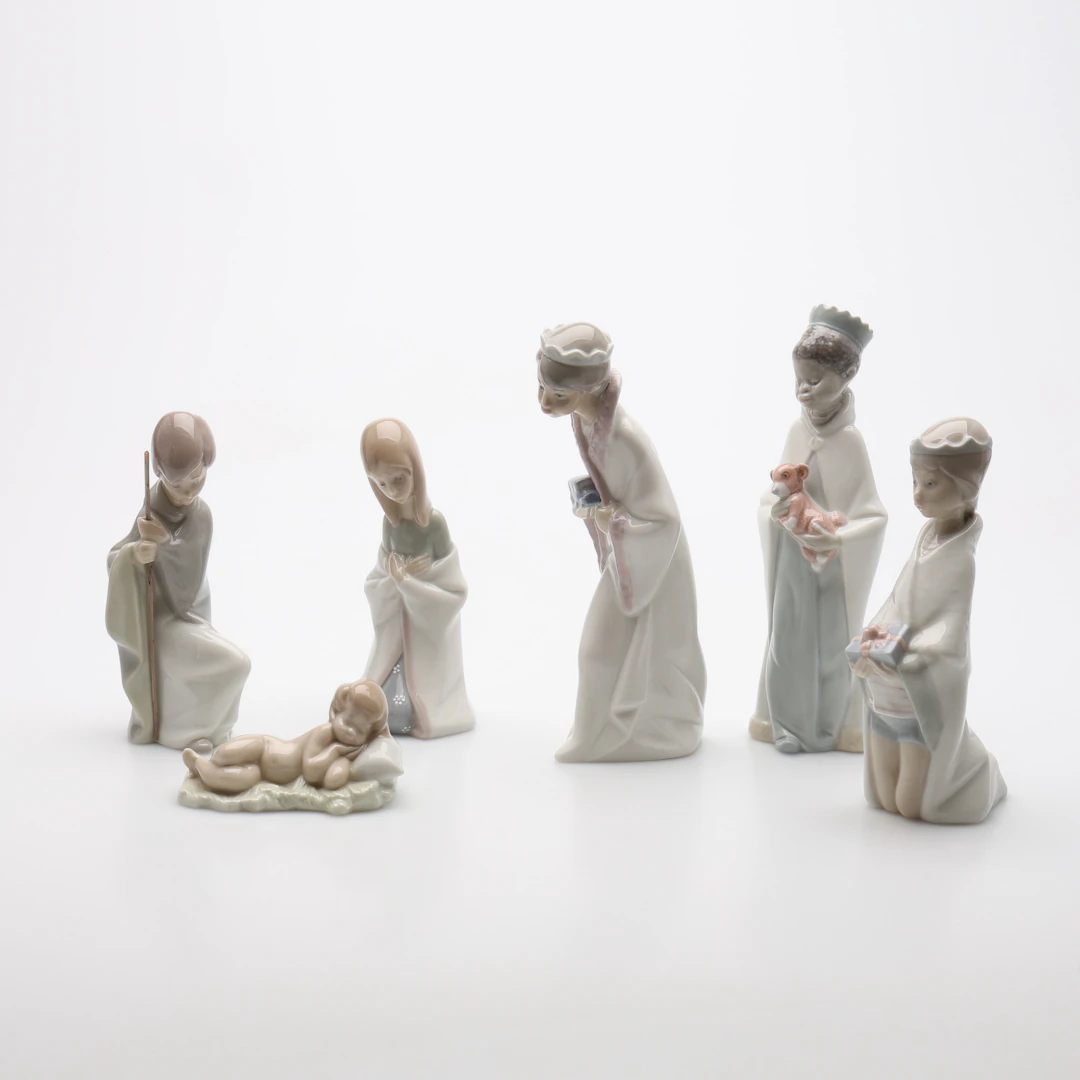 FIGURINER, 6 ST, PORSLIN, TILL JULKRUBBA, LLADRO, SPANIEN.