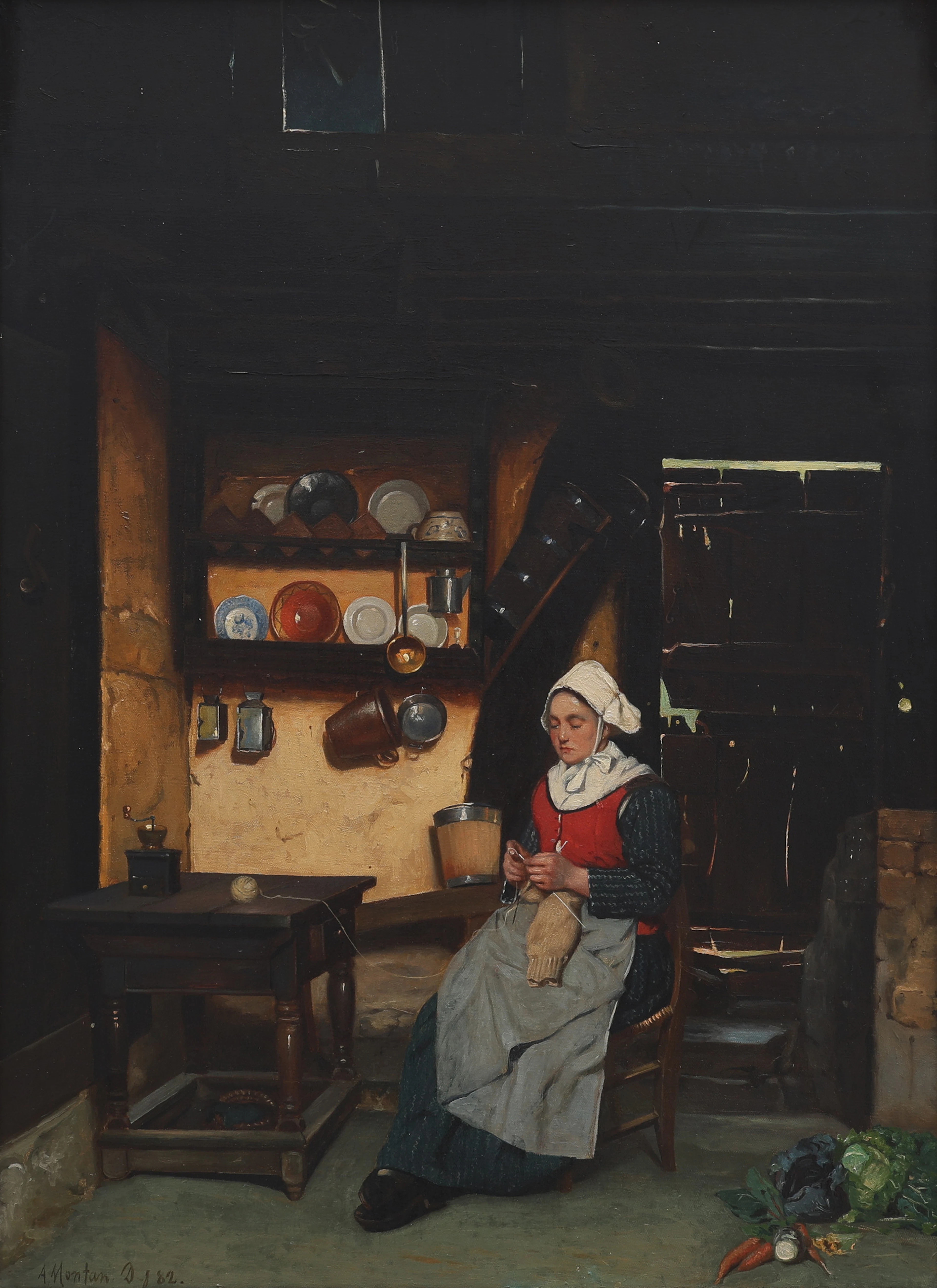 ANDERS MONTAN (1845-1917), HANDARBETANDE KVINNA I ALLMOGEINTERIÖR