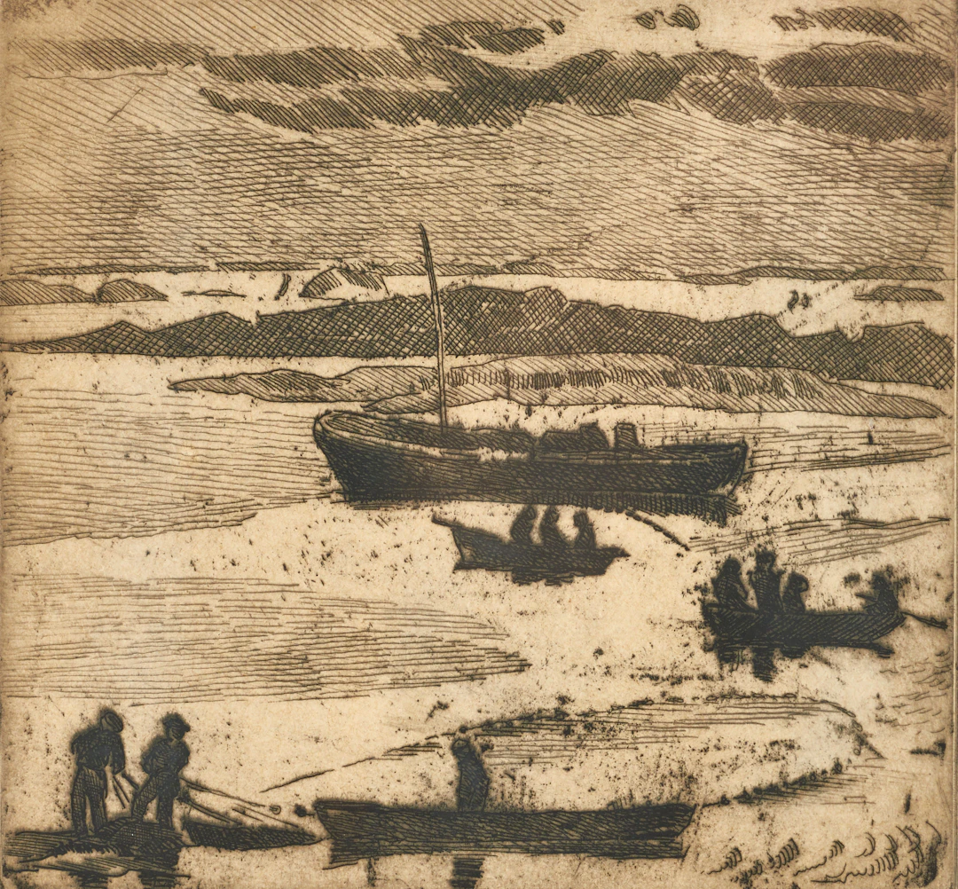 CARL WILHELMSON. Etsning, fiskare med nät i kustlandskap, signerad