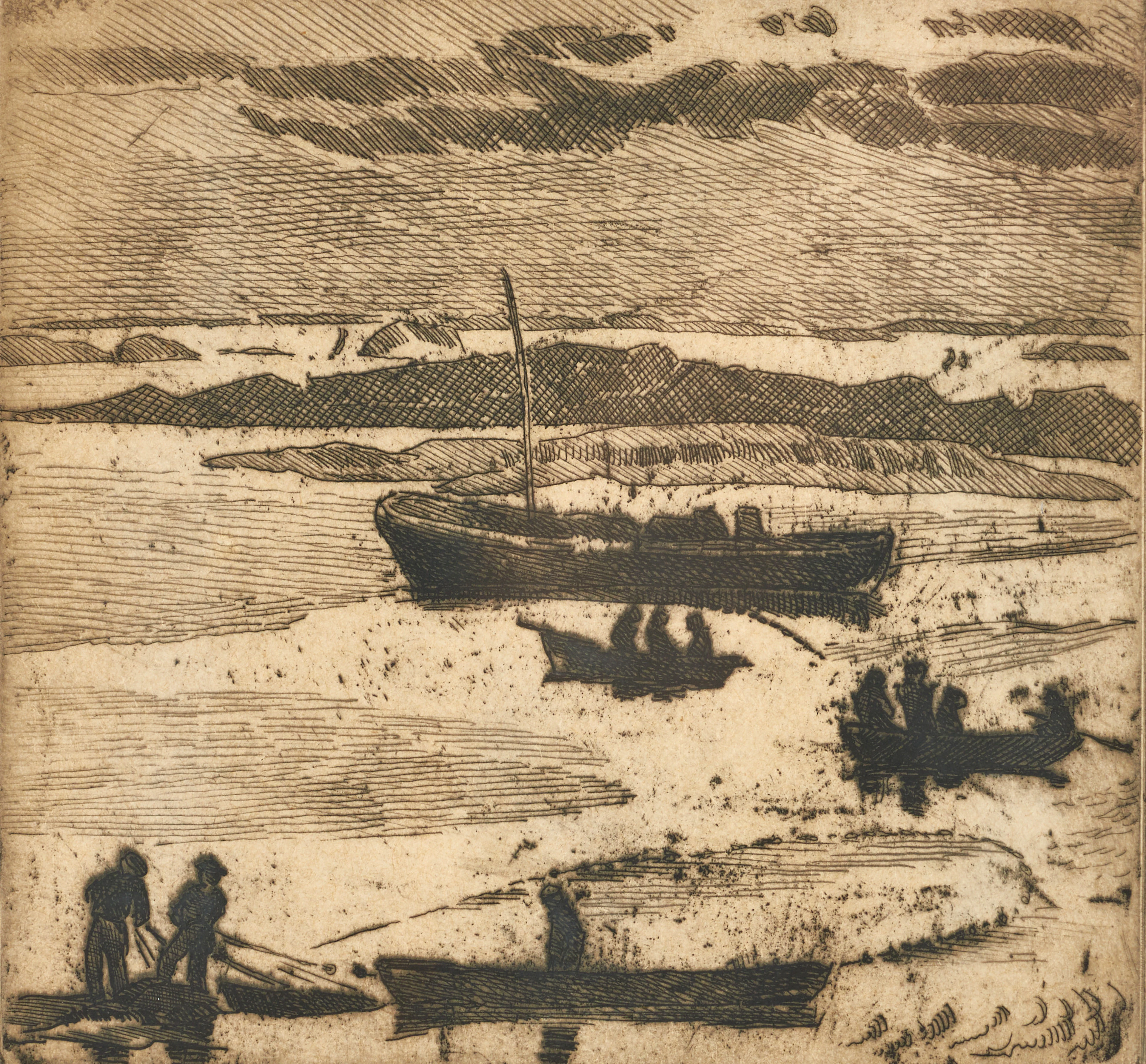 CARL WILHELMSON. Etsning, fiskare med nät i kustlandskap, signerad