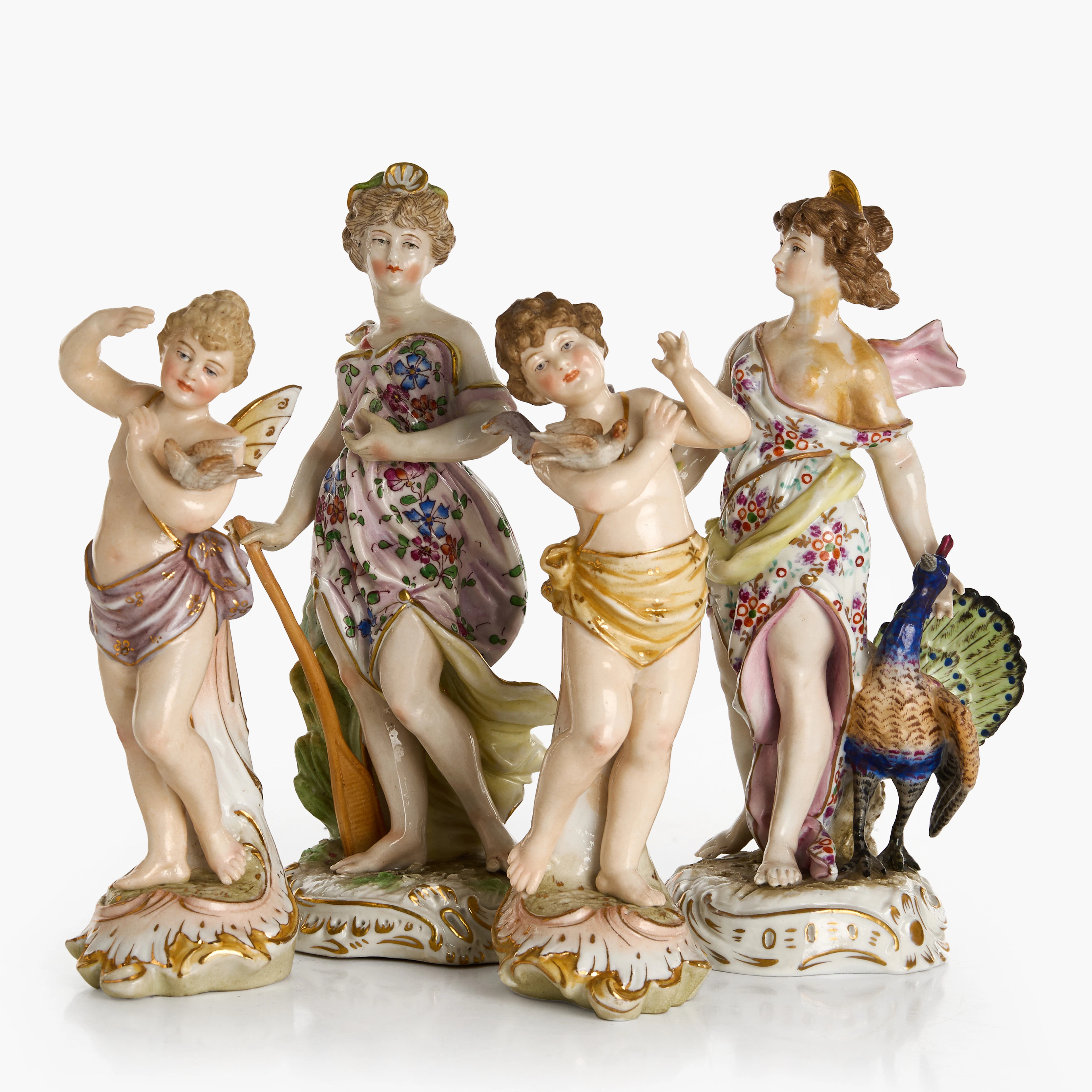 FIGURINER, 4 st, porslin, Ludwigsburg samt Ernst Bohne, Tyskland, 1800-tal.