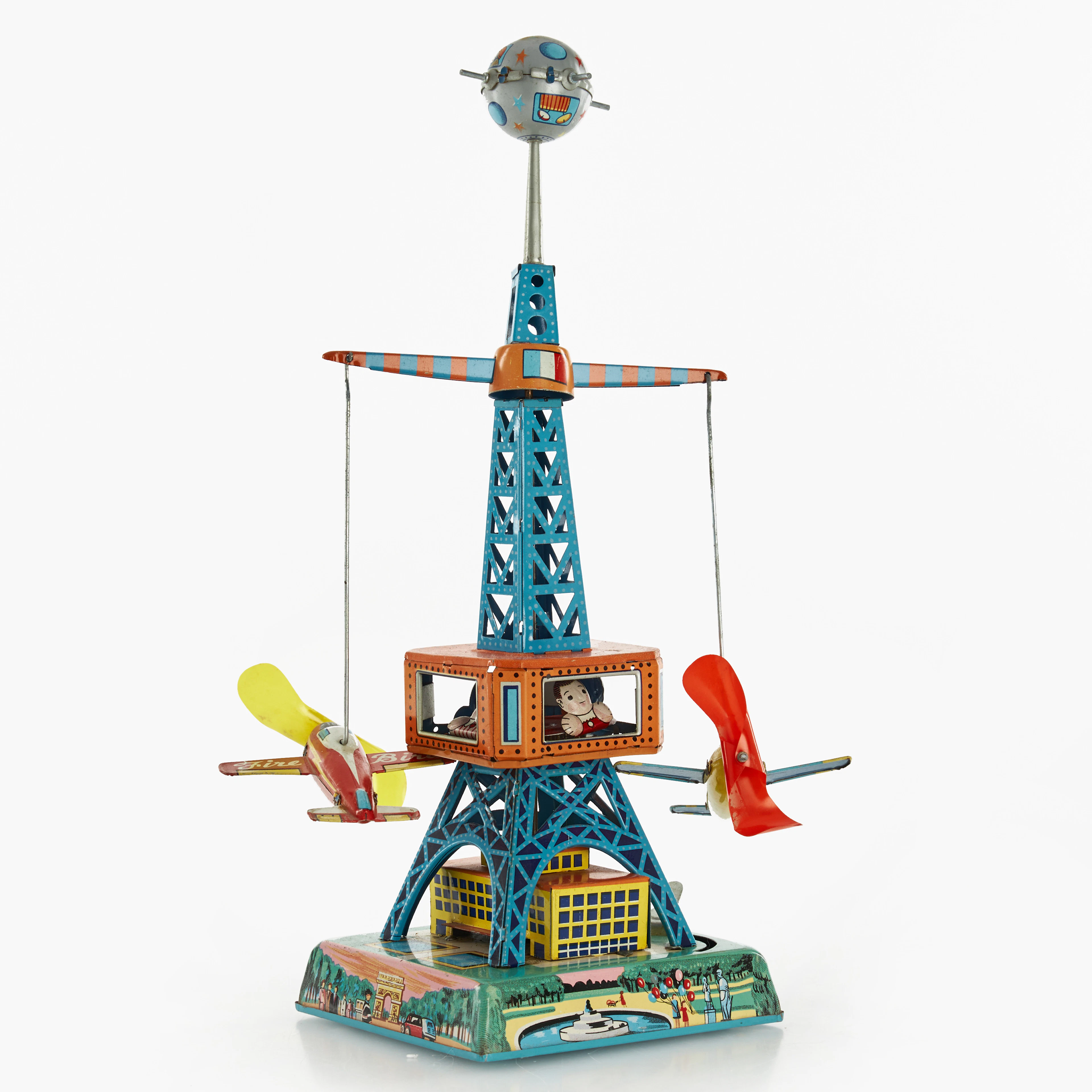 ASAHI TOYS ATC, "Lever Action Plane Tower", litograferad plåt, mekanisk