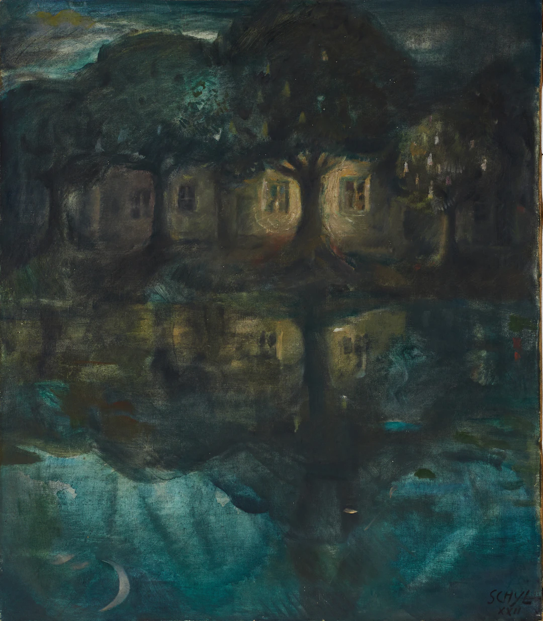 JULES SCHYL (1893-1977). Hus vid sjön i månsken, signerad och daterad