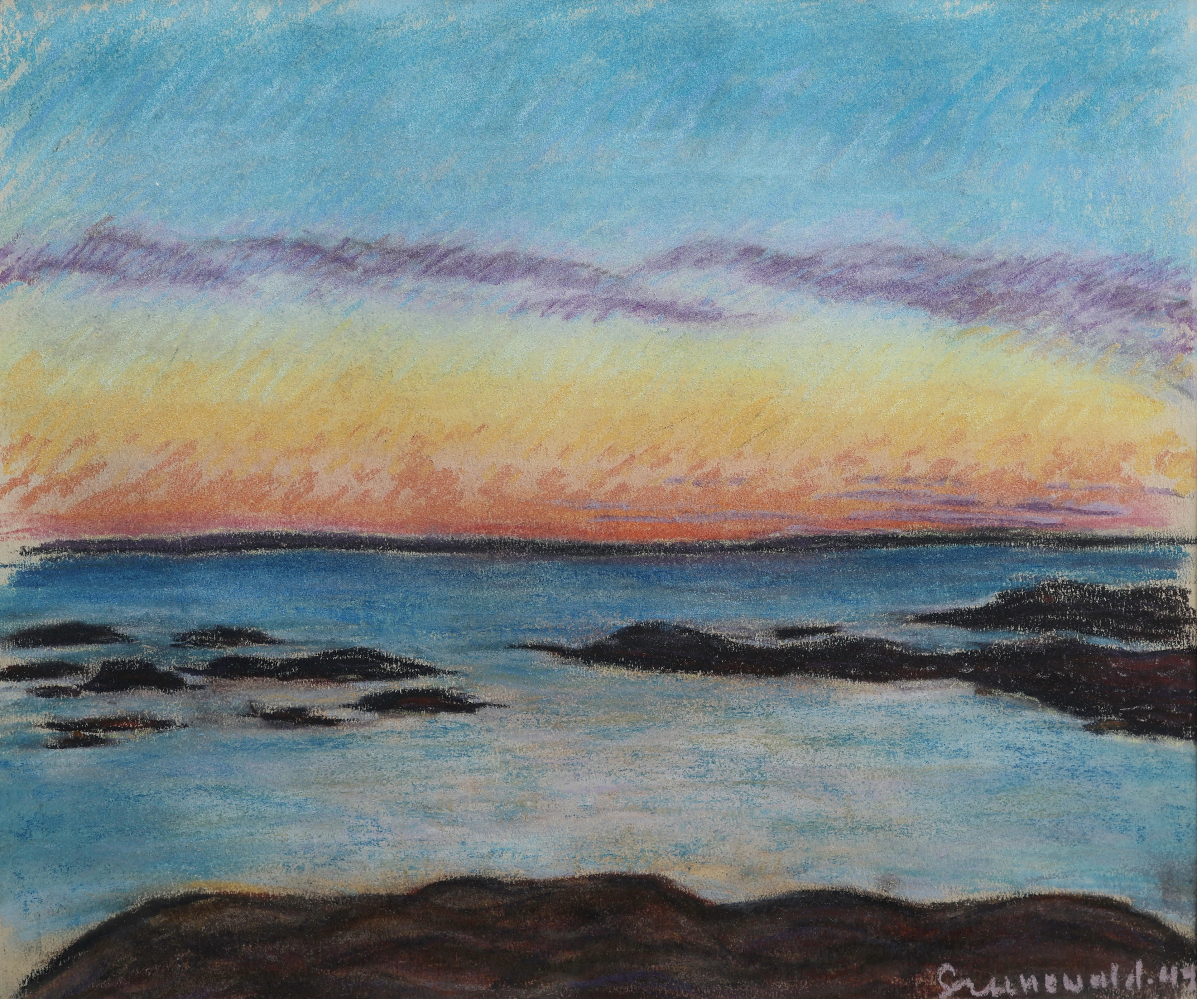 ISAAC GRÜNEWALD. PASTELL PÅ PAPPER, KUSTMOTIV, SIGNERAD OCH DATERAD 1944.