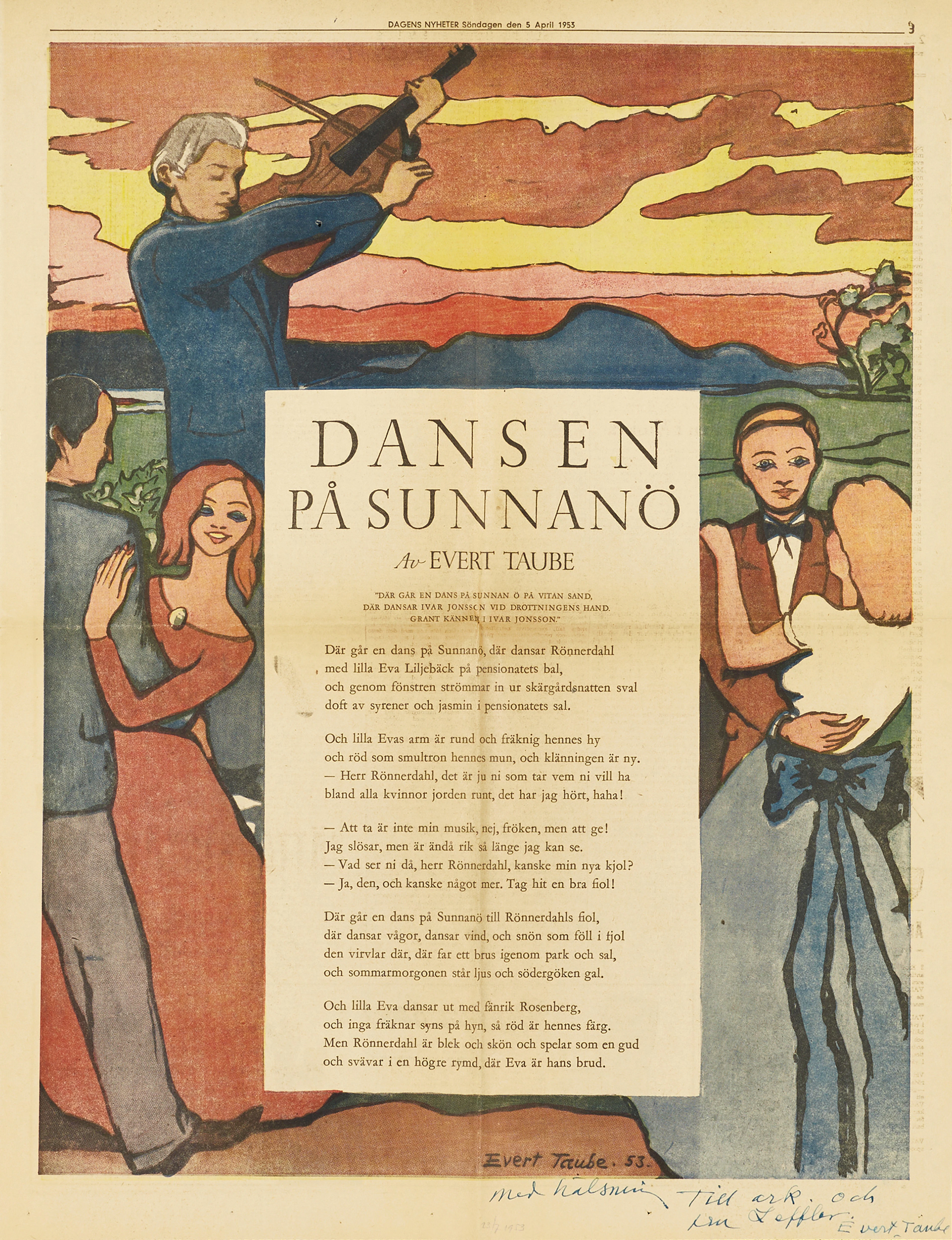 EVERT TAUBE, "DANSEN PÅ SUNNANÖ", egenhändigt signerad och dedikerad