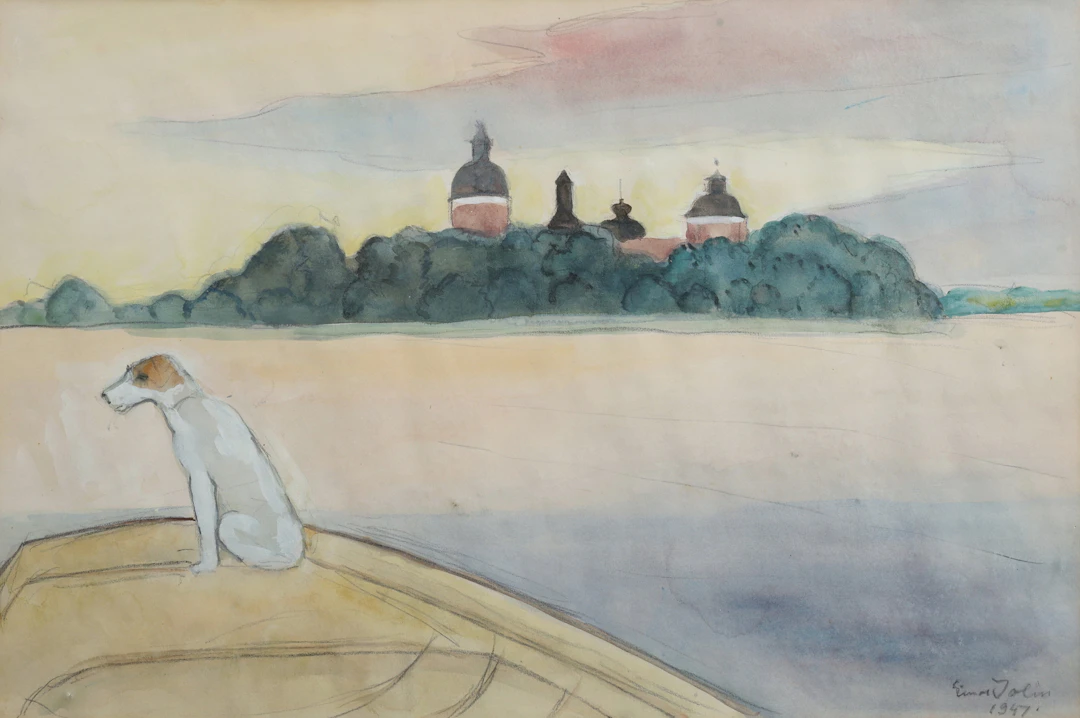 EINAR JOLIN. AKVARELL PÅ PAPPER, GRIPSHOLM SLOTT, SIGNERAD OCH DATERAD 1947.