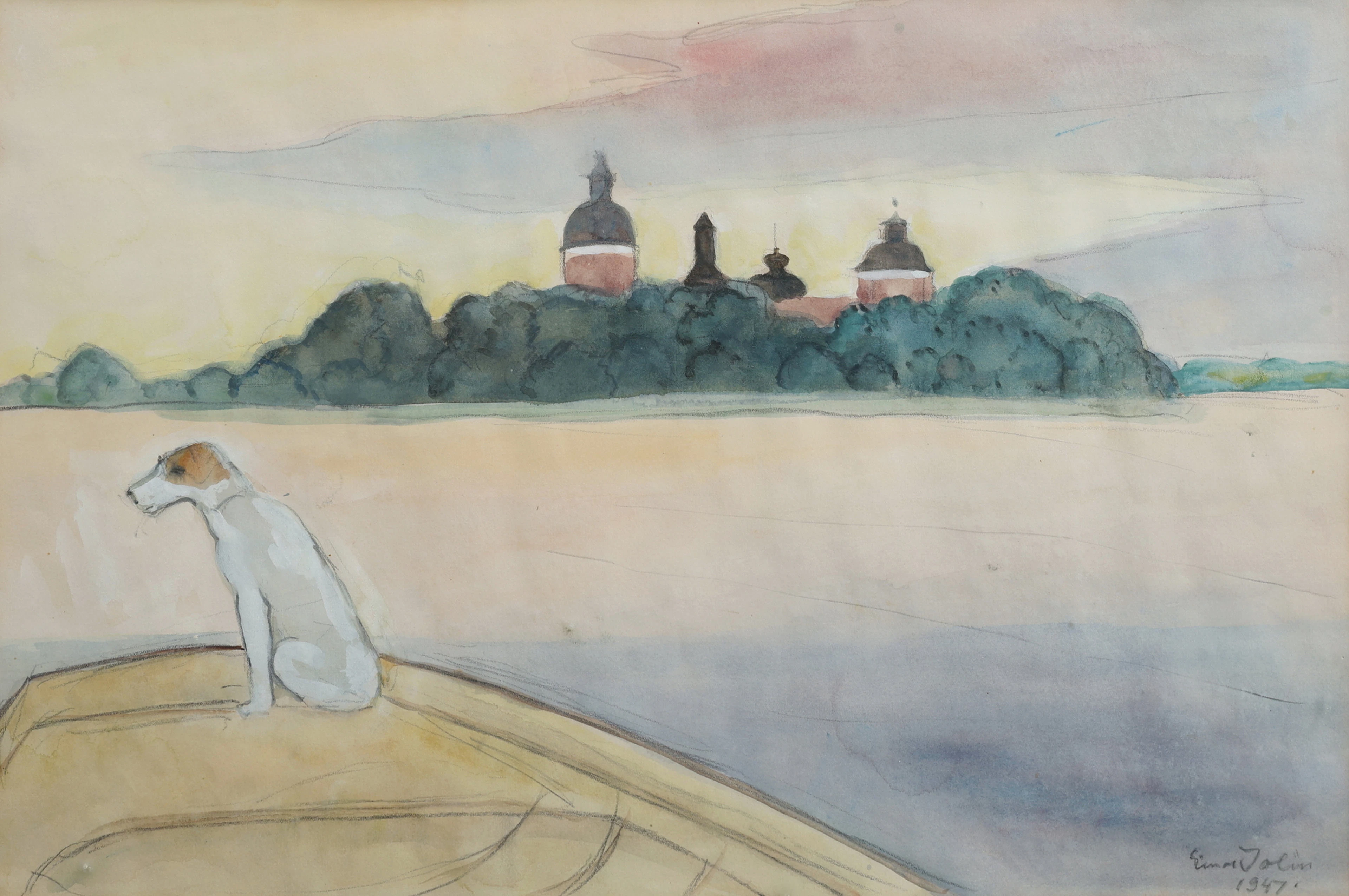 EINAR JOLIN. AKVARELL PÅ PAPPER, GRIPSHOLM SLOTT, SIGNERAD OCH DATERAD 1947.