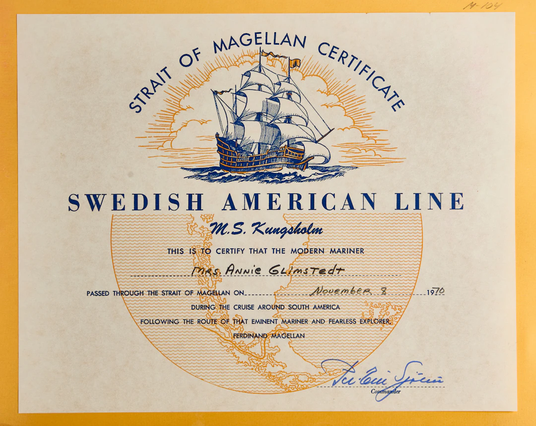 SVENSKA AMERIKA LINIEN. Cerifikat / Utlåtelse, 2 delar. Utfärdade