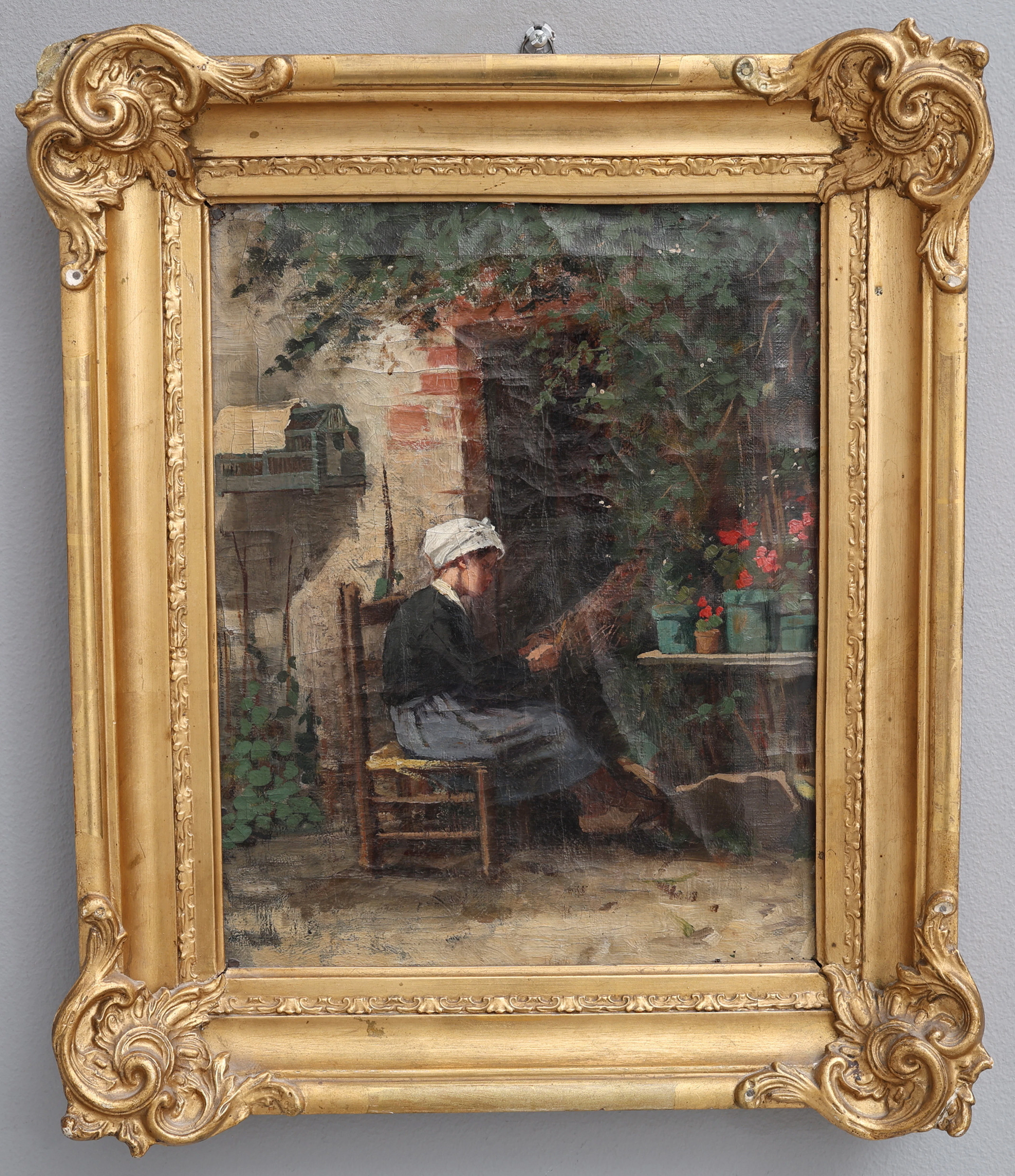AMALIA LINDEGREN 1814-1891. TILLSKRIVEN. OLJA PÅ DUK, "KVASTGUMMAN", OSIGNERAD.