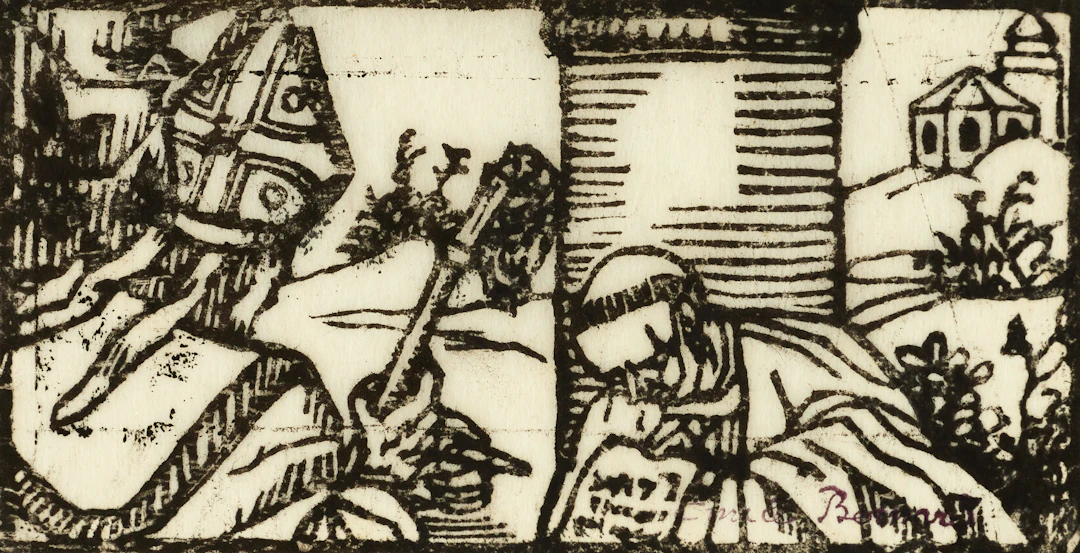 ÉMILE BERNARD (1868-1941). Religiös komposition, signerad, träsnitt.