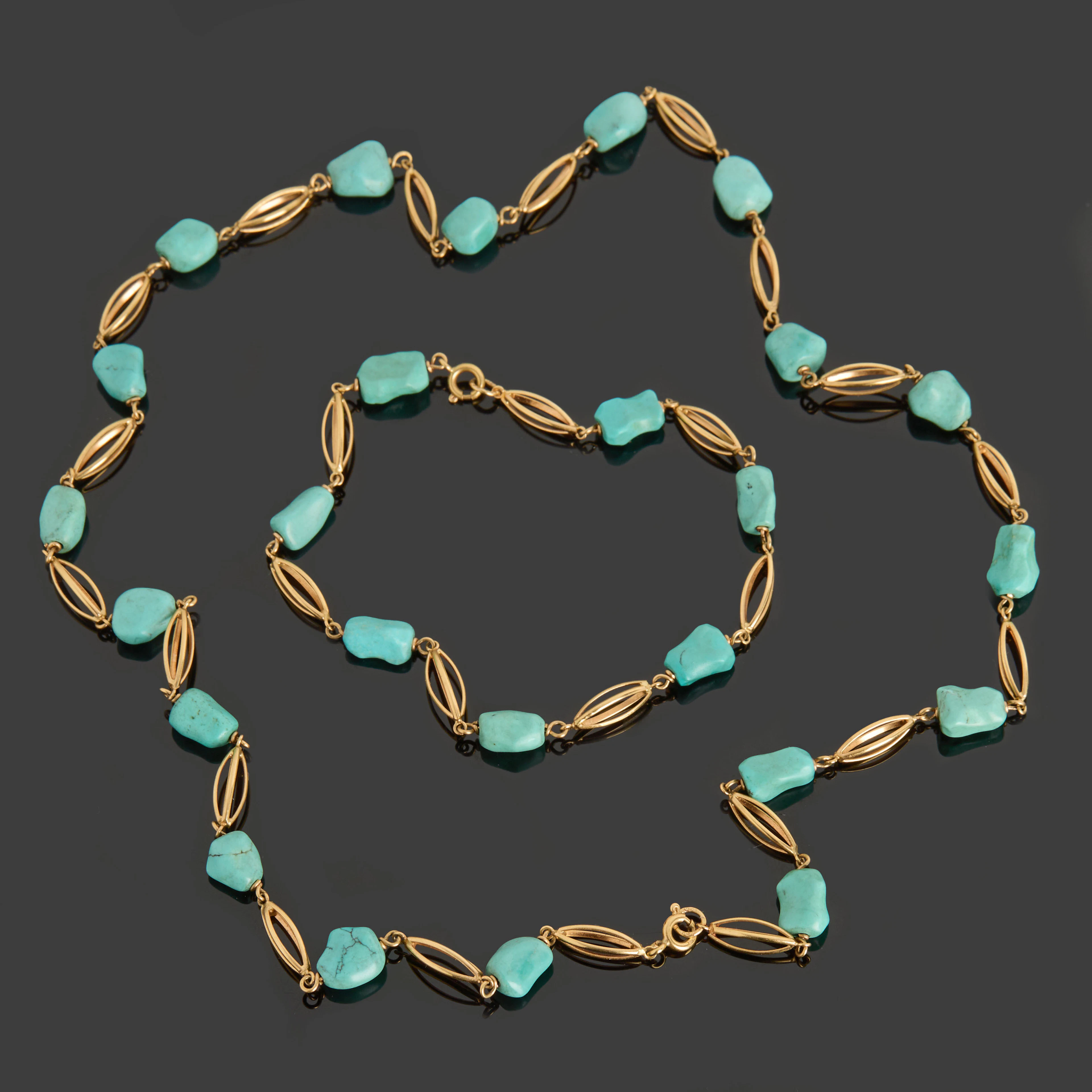 SMYCKESSET, armband samt halsband, 18k guld, genombrutna länkar varvat