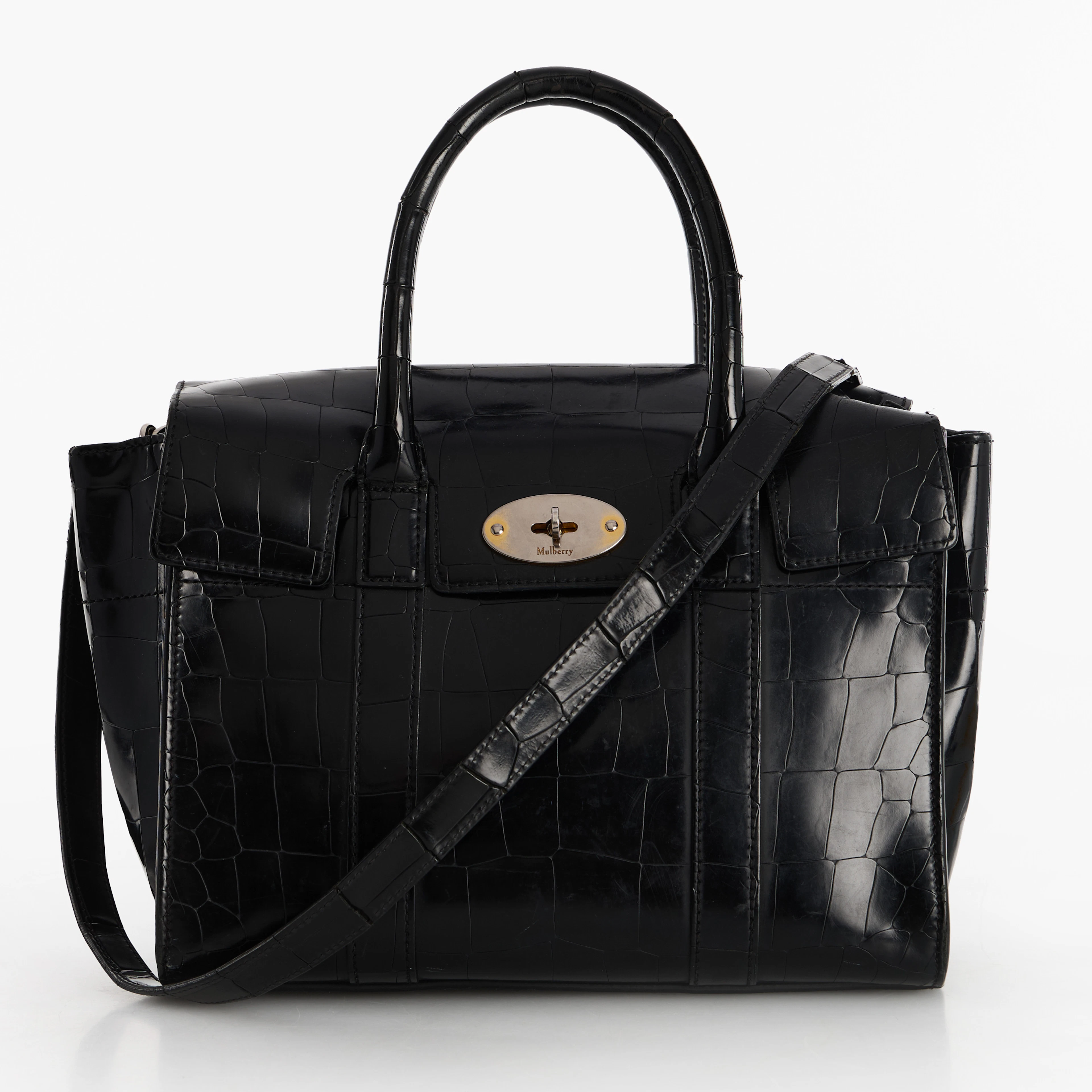 MULBERRY, väska "Small Bayswater Black Polished Croc", 2010-tal.
