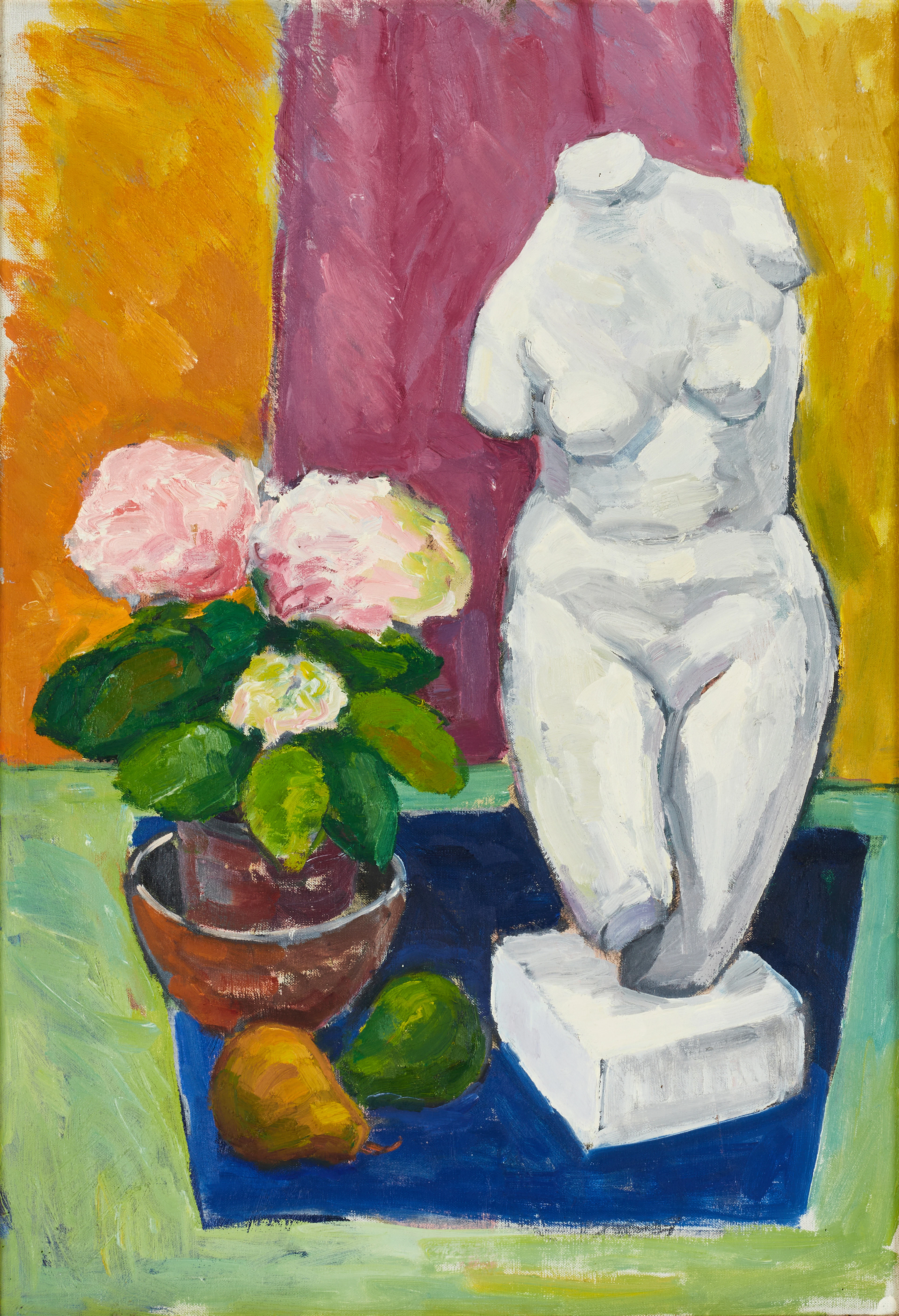 OKÄND KONSTNÄR. Stilleben med torso och hortensia, olja på duk.