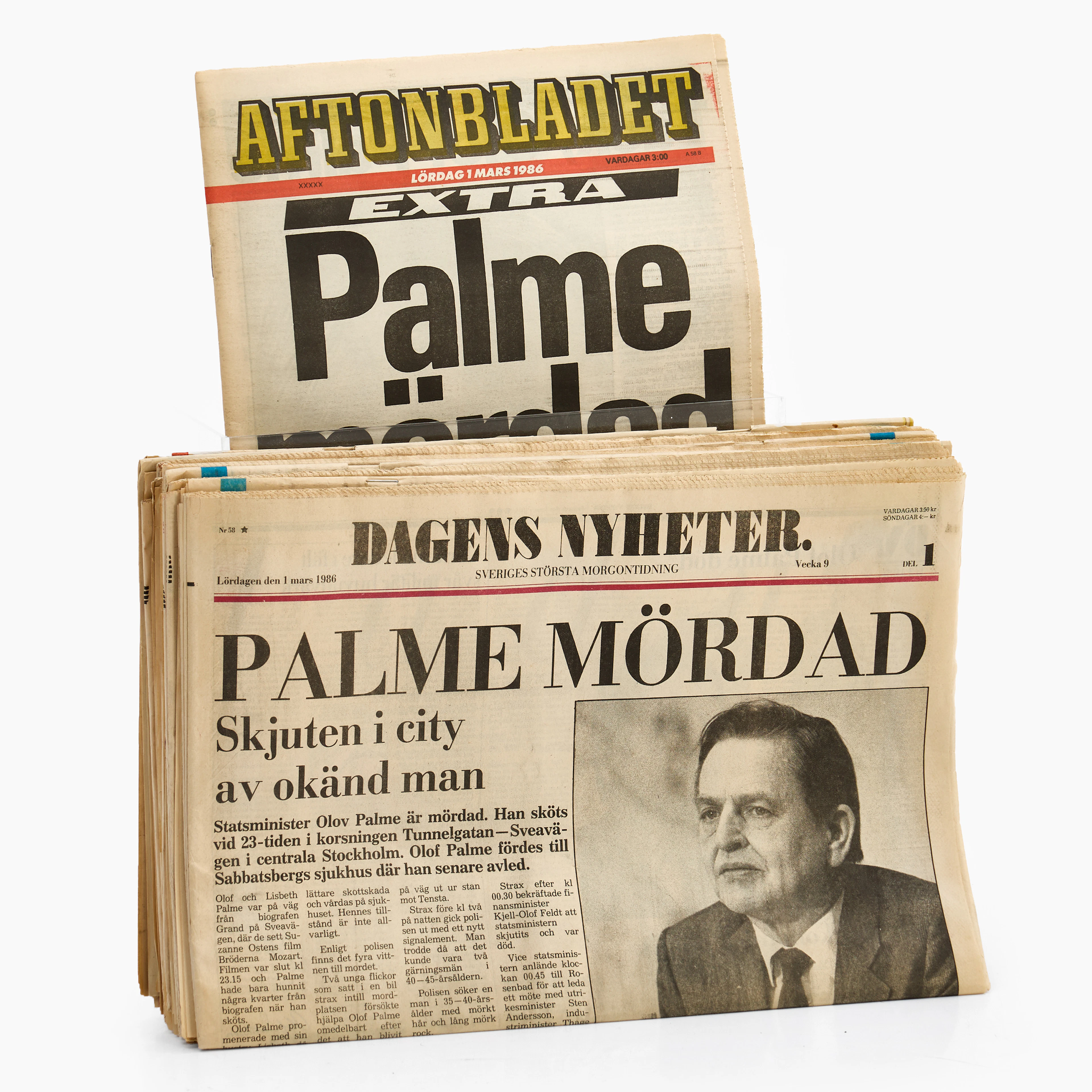 OLOF PALME 1986. Tidningar, 13 st, Expressen, Aftonbladet och Dagens