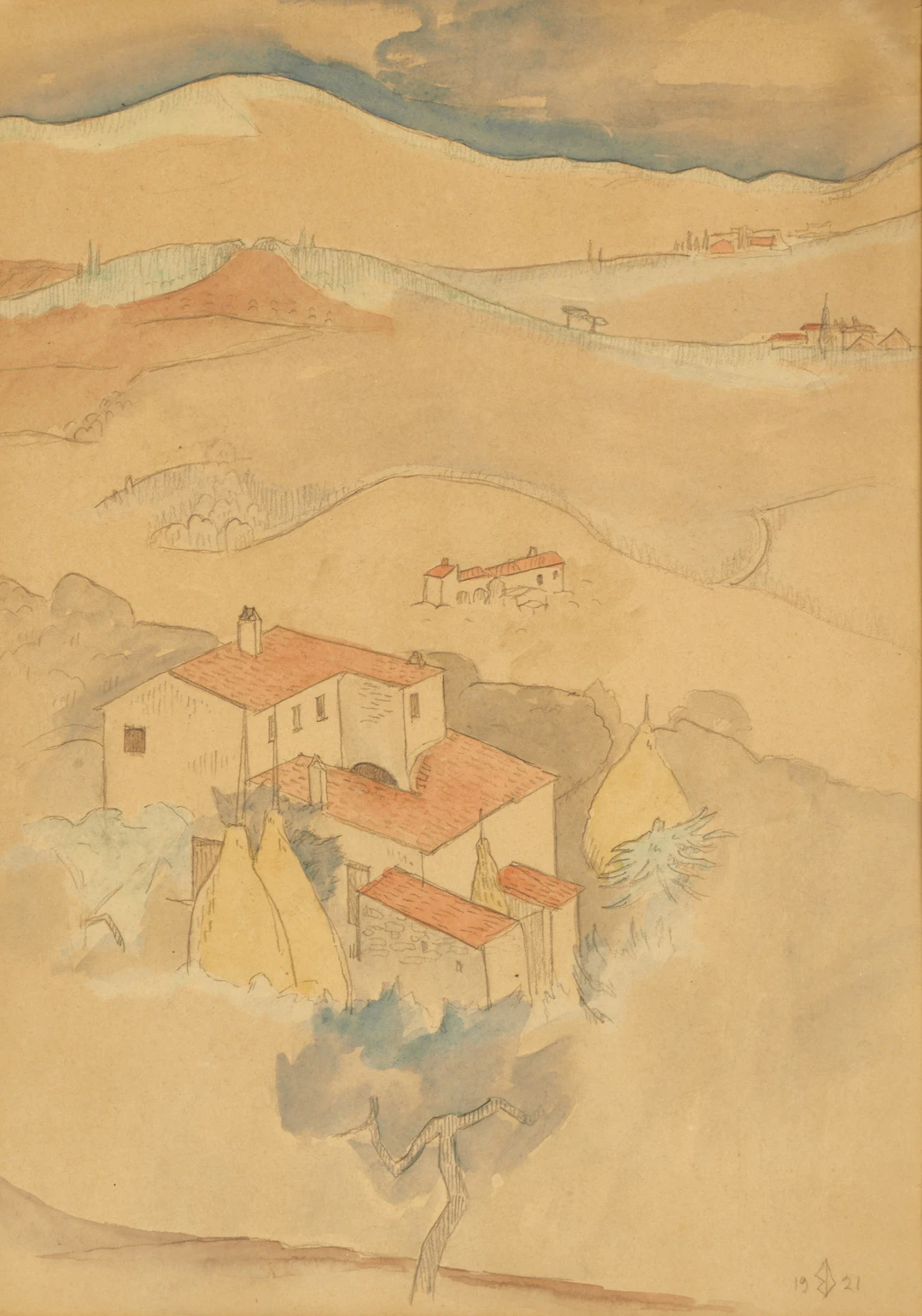 BERTIL DAMM (1887-1942). Sydländskt landskap med hus, monogramsignerad