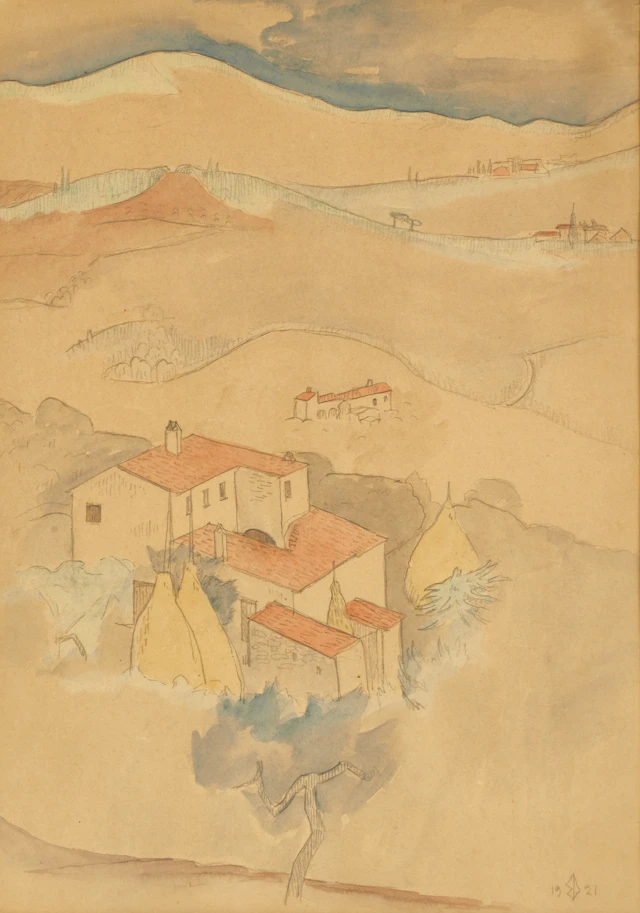 BERTIL DAMM (1887-1942). Sydländskt landskap med hus, monogramsignerad